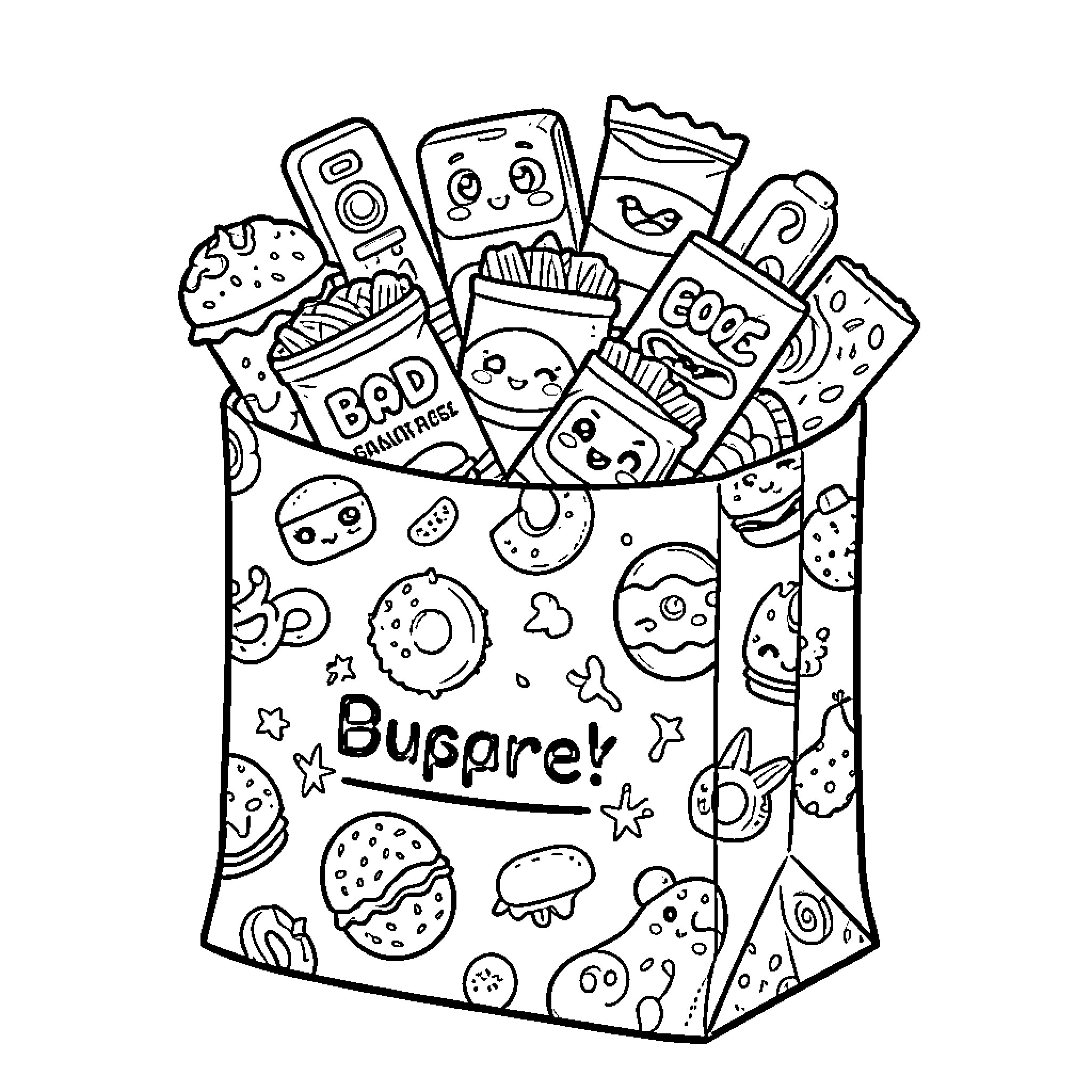 Food items in a cute bag Coloring Page (free black-and-white line drawing printable PDF for all, from beginners to advanced learners, including children, teens, adults, and seniors)
