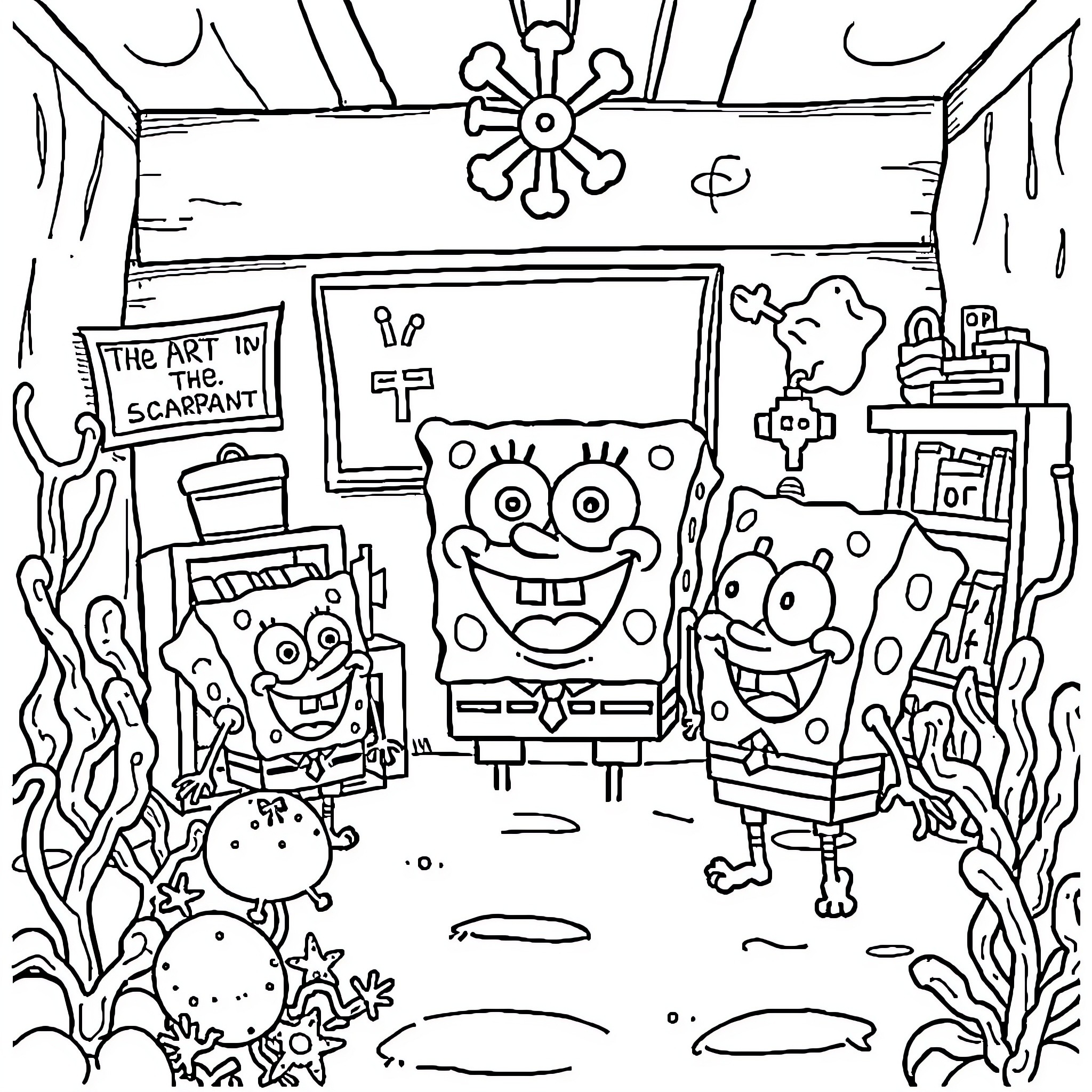 Spongebob and friends in an underwater art exhibit Coloring Page (free black-and-white line drawing printable PDF for all, from beginners to advanced learners, including children, teens, adults, and seniors)