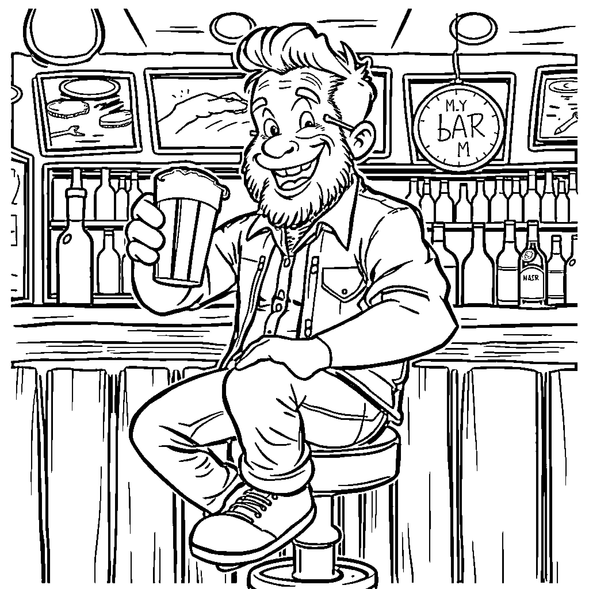 Boom Howard enjoying a drink at the local bar Coloring Page (free black-and-white line drawing printable PDF for all, from beginners to advanced learners, including children, teens, adults, and seniors)