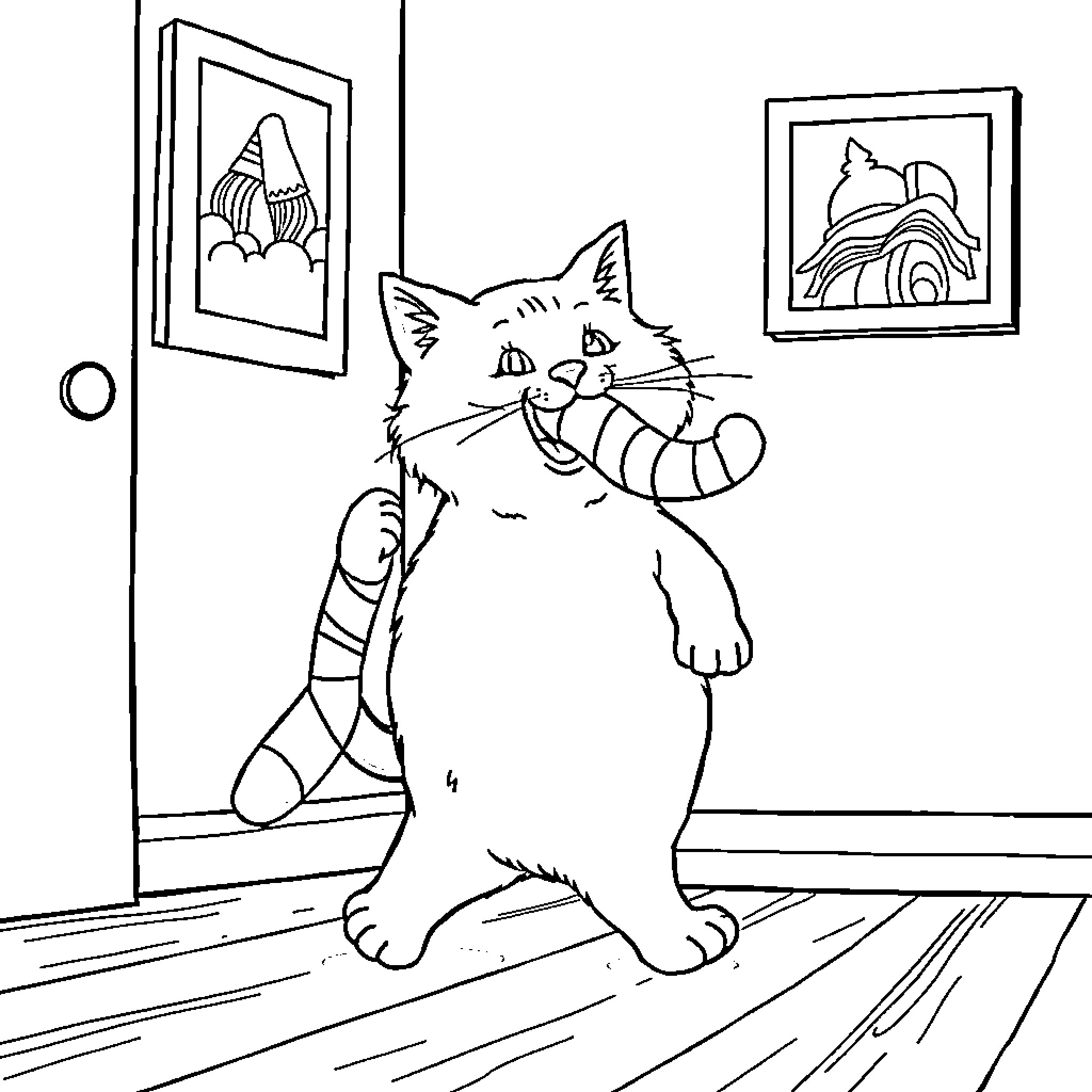 Cat exploring and looking around in room Coloring Page (free black-and-white line drawing printable PDF for all, from beginners to advanced learners, including children, teens, adults, and seniors)