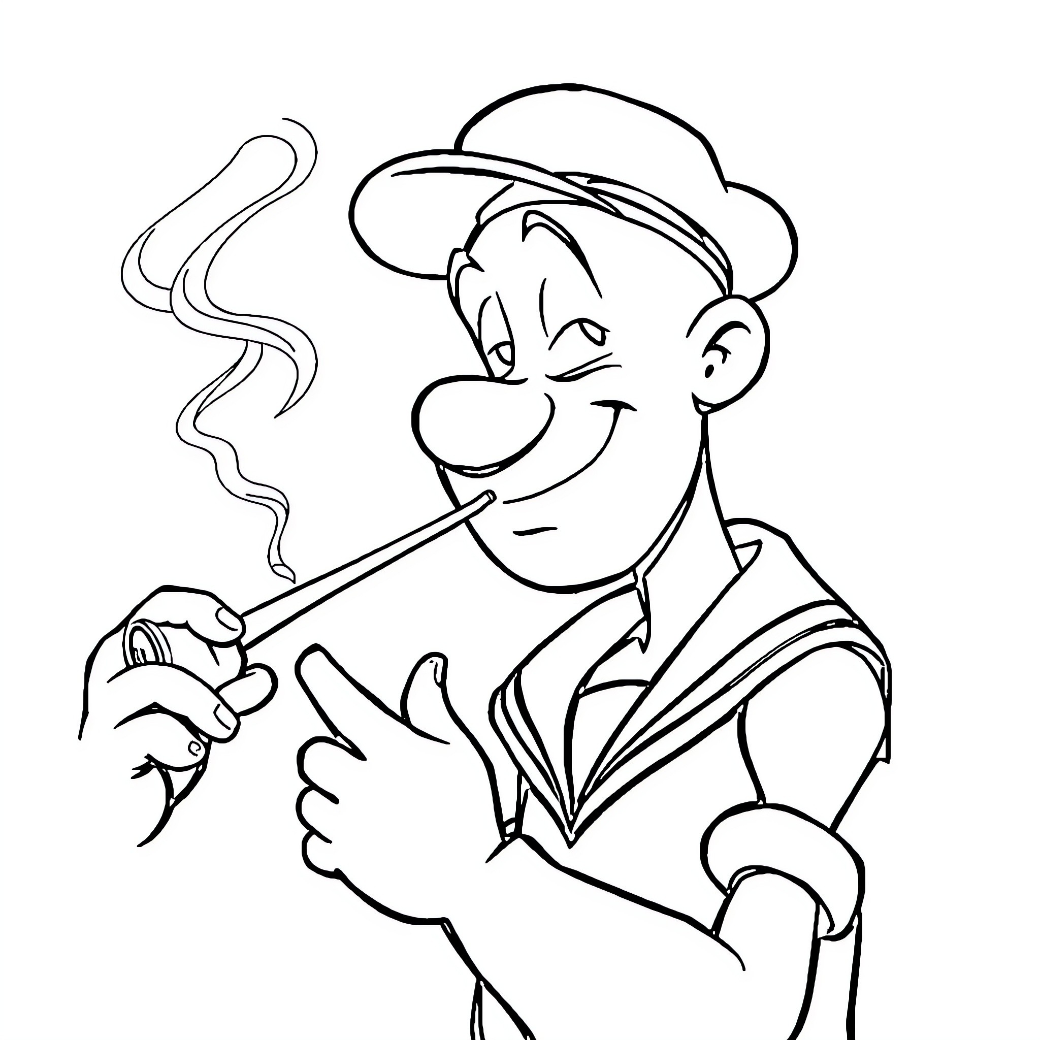 Popeye enjoying his pipe while grinning Coloring Page (free black-and-white line drawing printable PDF for all, from beginners to advanced learners, including children, teens, adults, and seniors)