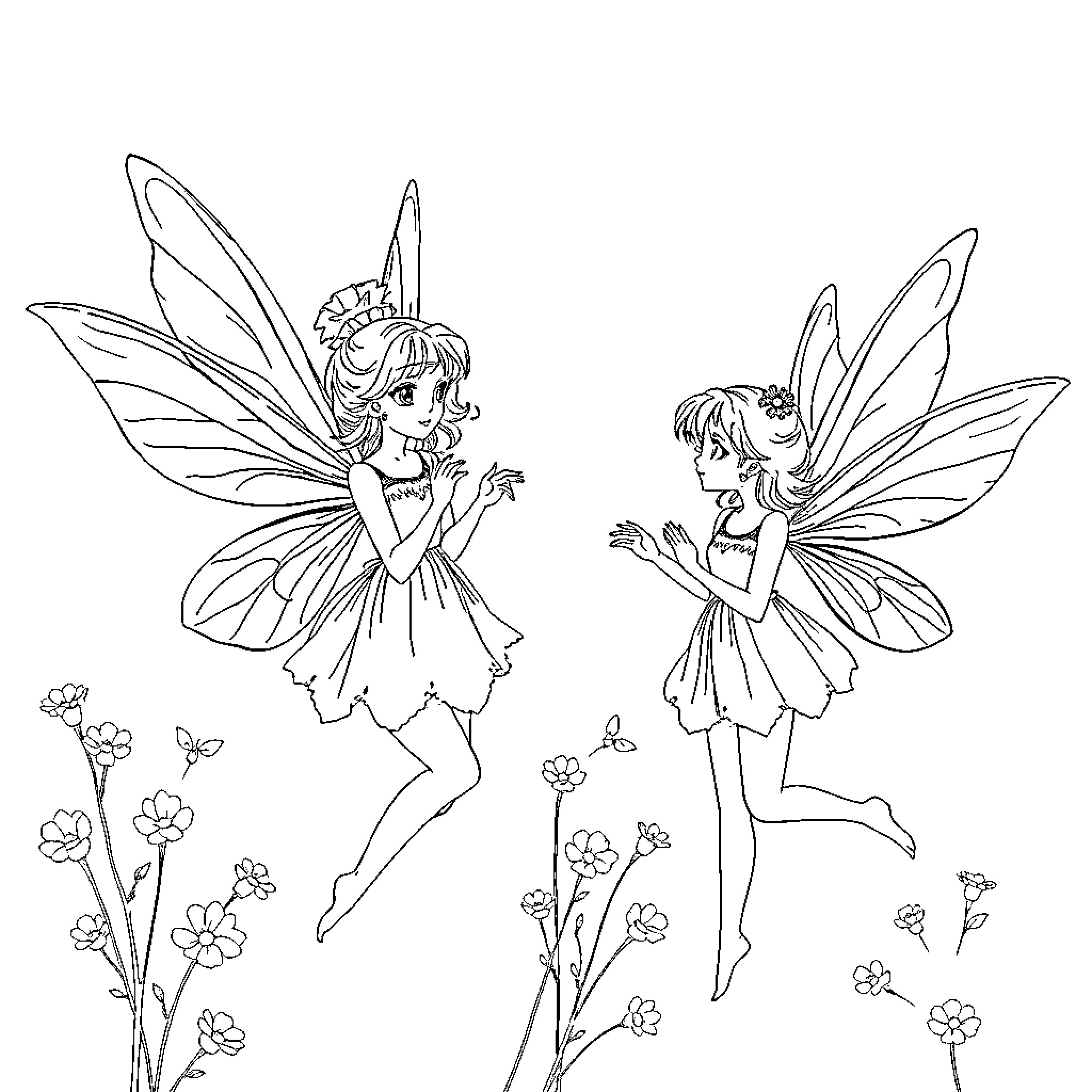 Fairy friends frolicking in the flowers Coloring Page (free black-and-white line drawing printable PDF for all, from beginners to advanced learners, including children, teens, adults, and seniors)