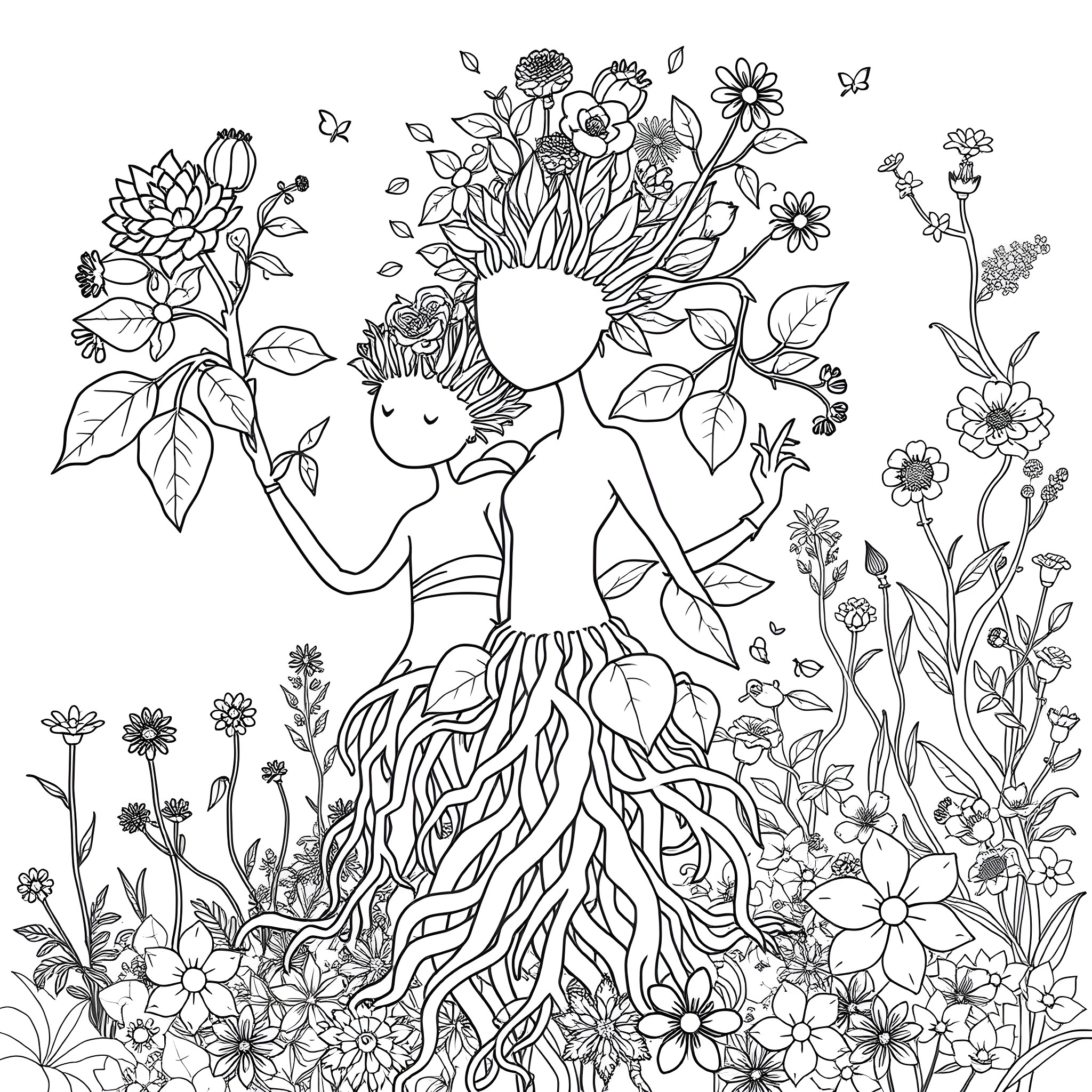 Plant-Inspired Nature Spirit among Floral Elements Coloring Page (free black-and-white line drawing printable PDF for all, from beginners to advanced learners, including children, teens, adults, and seniors)