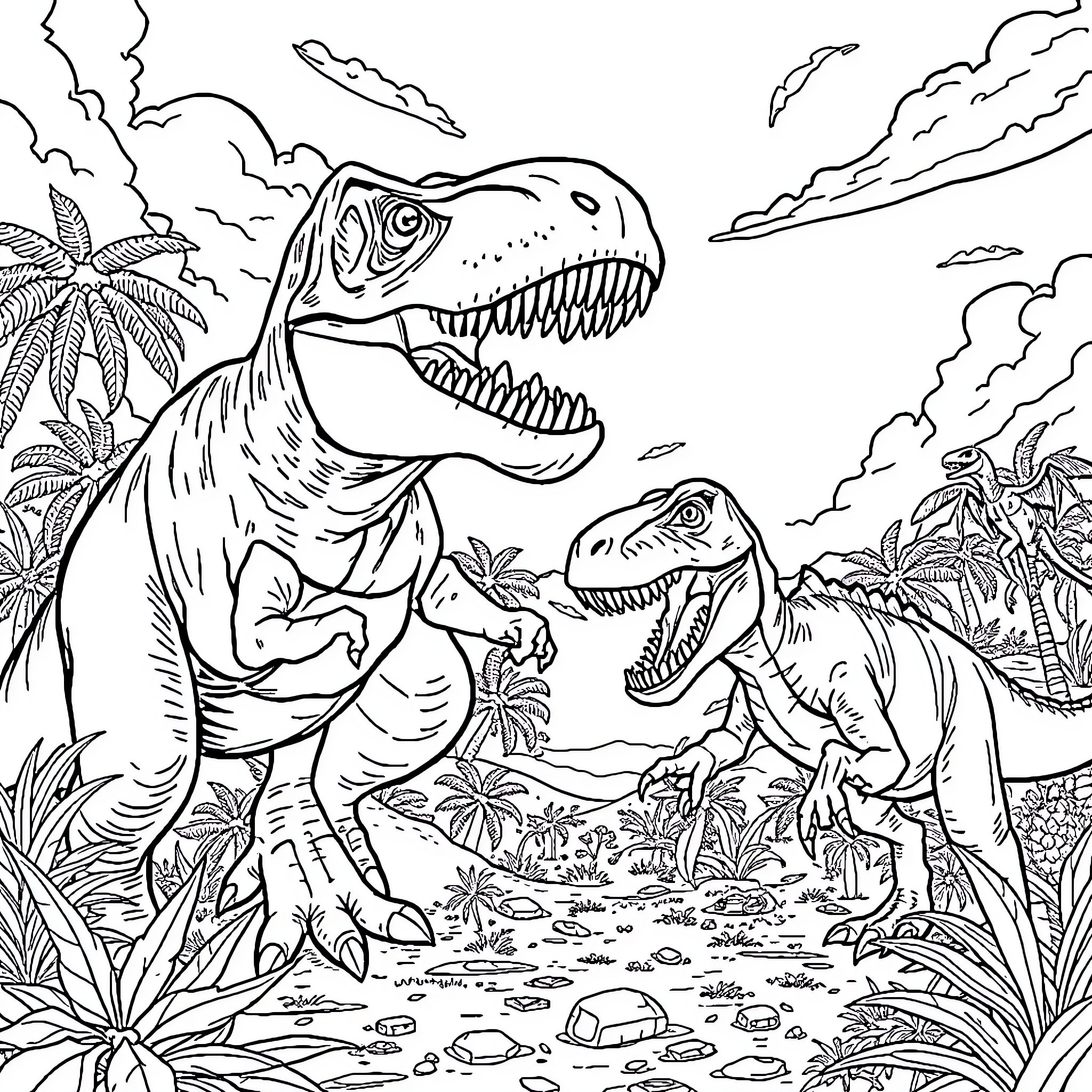 Dinosaurs roaming in prehistoric landscape Coloring Page (free black-and-white line drawing printable PDF for all, from beginners to advanced learners, including children, teens, adults, and seniors)