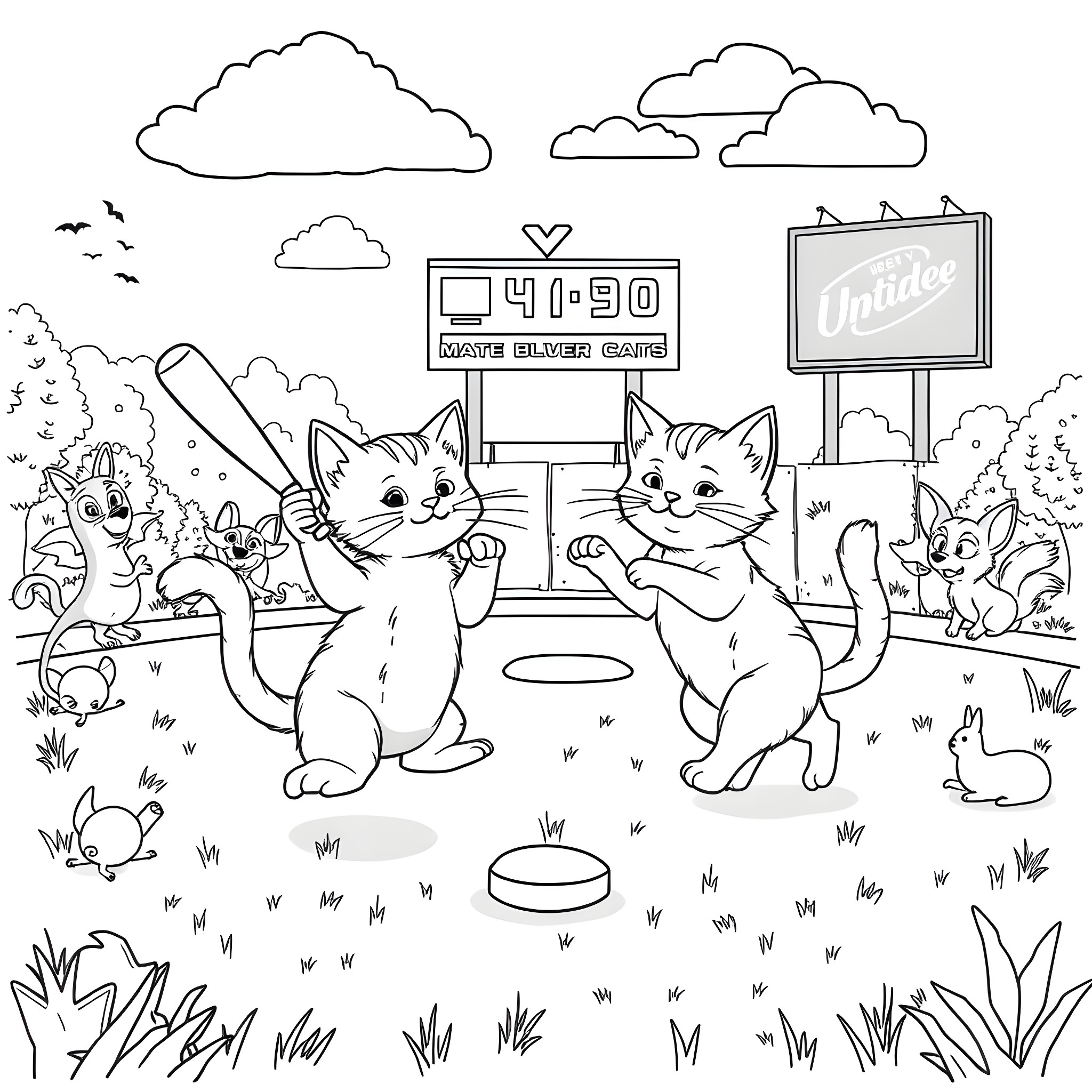 Cats enjoying outdoor activities at the stadium Coloring Page (free black-and-white line drawing printable PDF for all, from beginners to advanced learners, including children, teens, adults, and seniors)