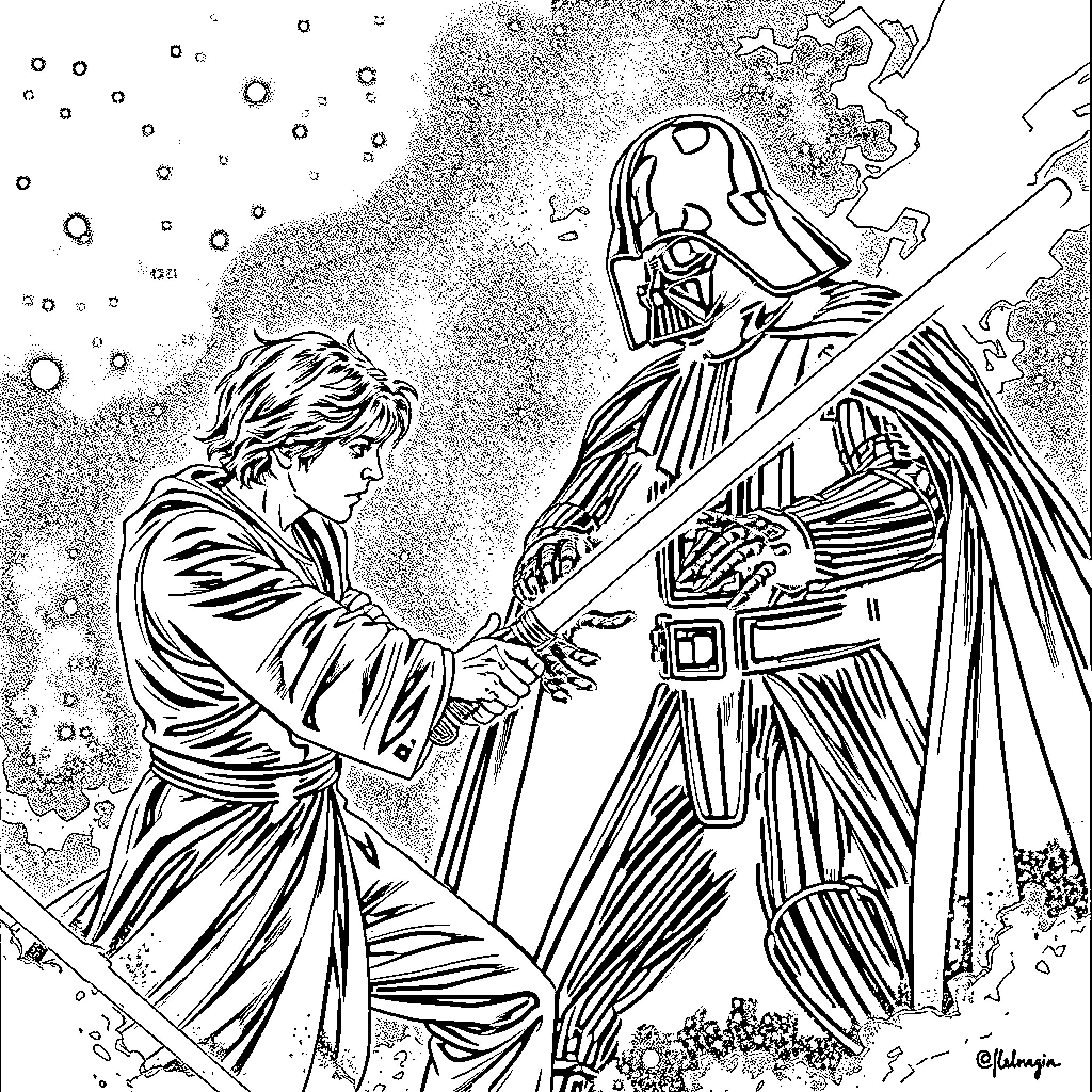 Anakin Skywalker's epic confrontation with Darth Vader Coloring Page (free black-and-white line drawing printable PDF for all, from beginners to advanced learners, including children, teens, adults, and seniors)