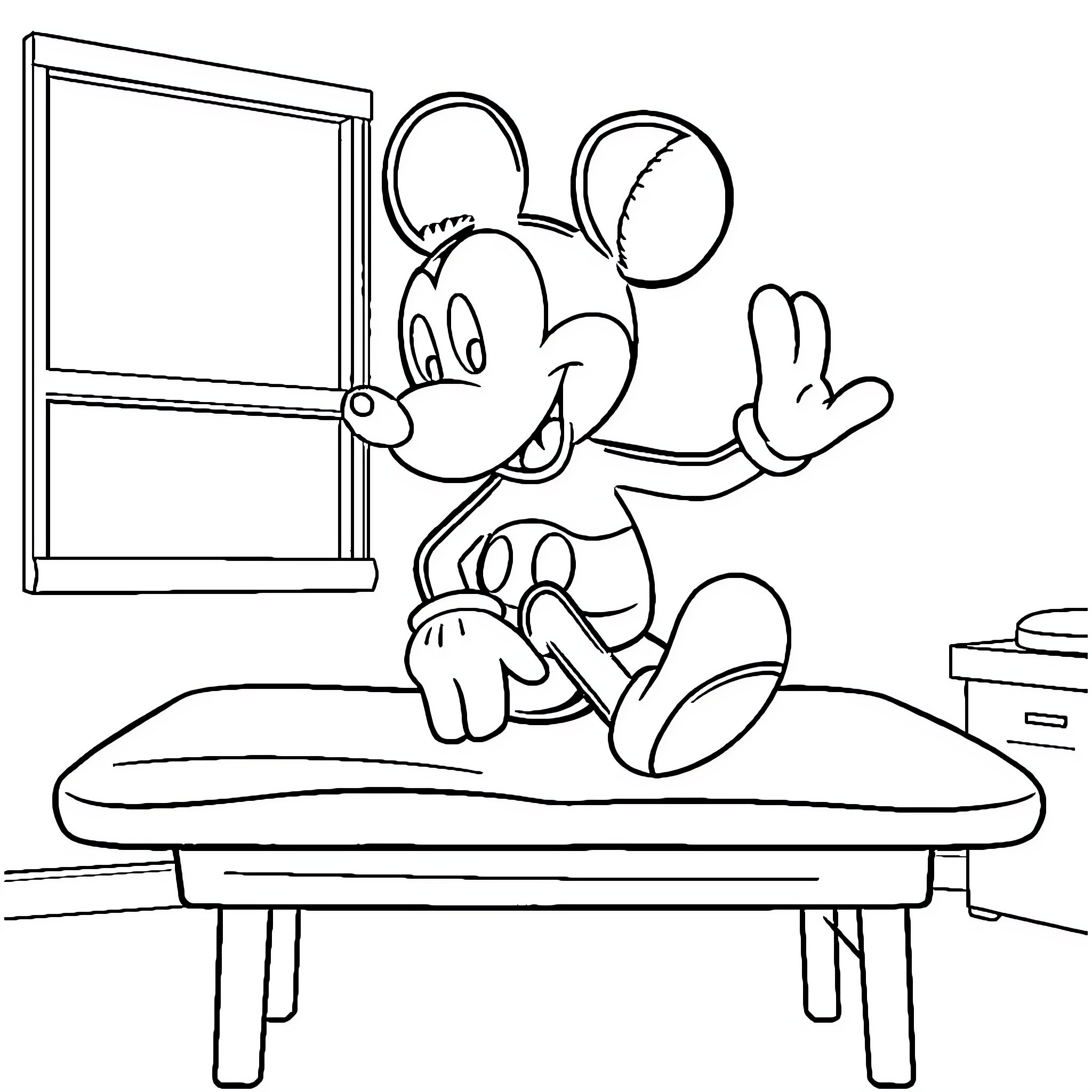 Mackey Mouse having fun in his room Coloring Page (free black-and-white line drawing printable PDF for all, from beginners to advanced learners, including children, teens, adults, and seniors)