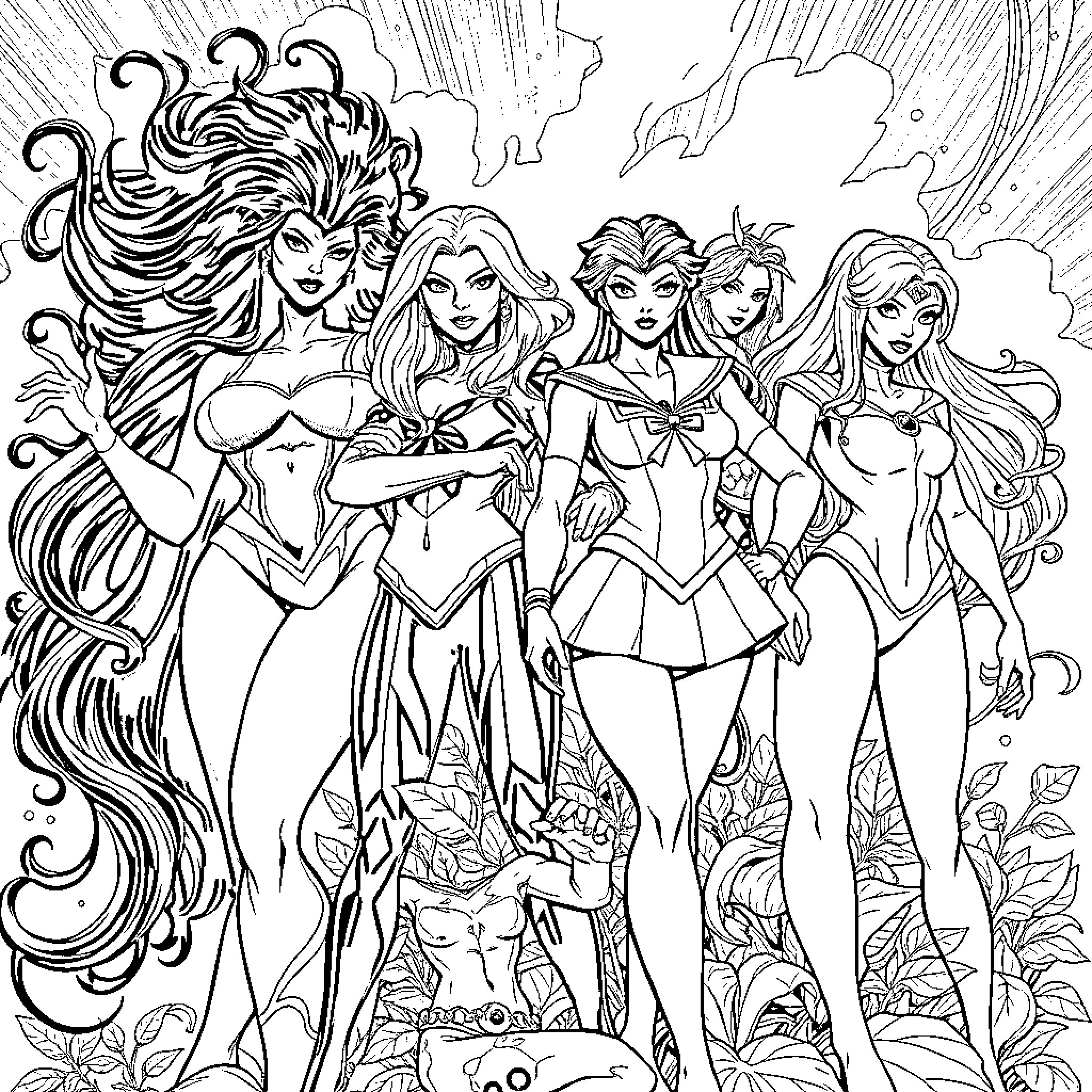 Superhero Heroines Battling Evil with Courage and Strength Coloring Page (free black-and-white line drawing printable PDF for all, from beginners to advanced learners, including children, teens, adults, and seniors)