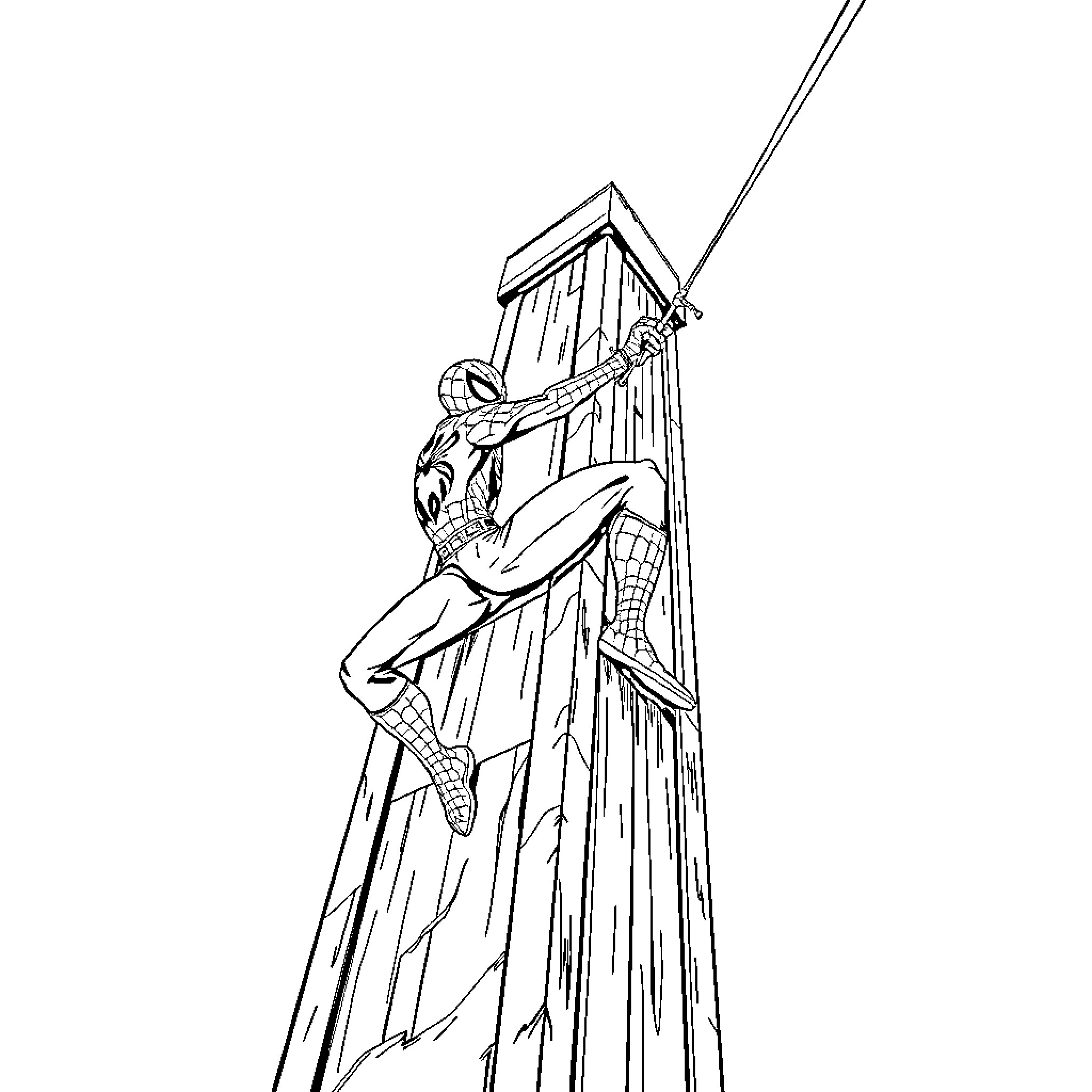Spiderman swinging on a web through the city Coloring Page (free black-and-white line drawing printable PDF for all, from beginners to advanced learners, including children, teens, adults, and seniors)