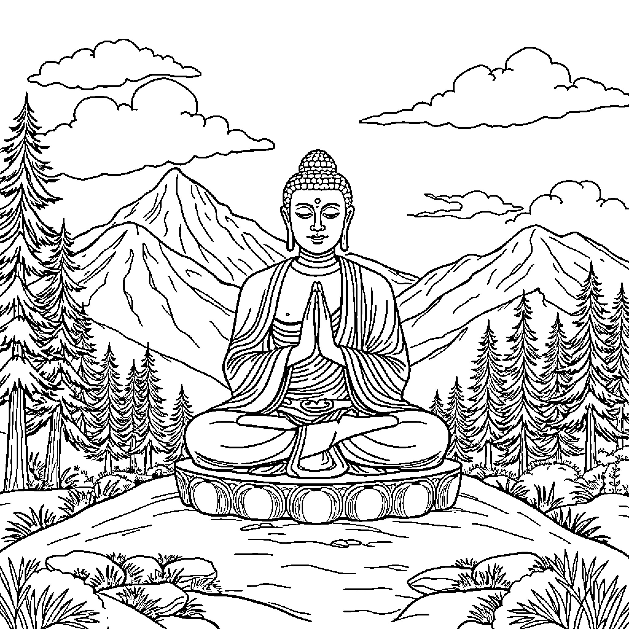 Buddha in contemplative pose amidst mountain landscape Coloring Page (free black-and-white line drawing printable PDF for all, from beginners to advanced learners, including children, teens, adults, and seniors)