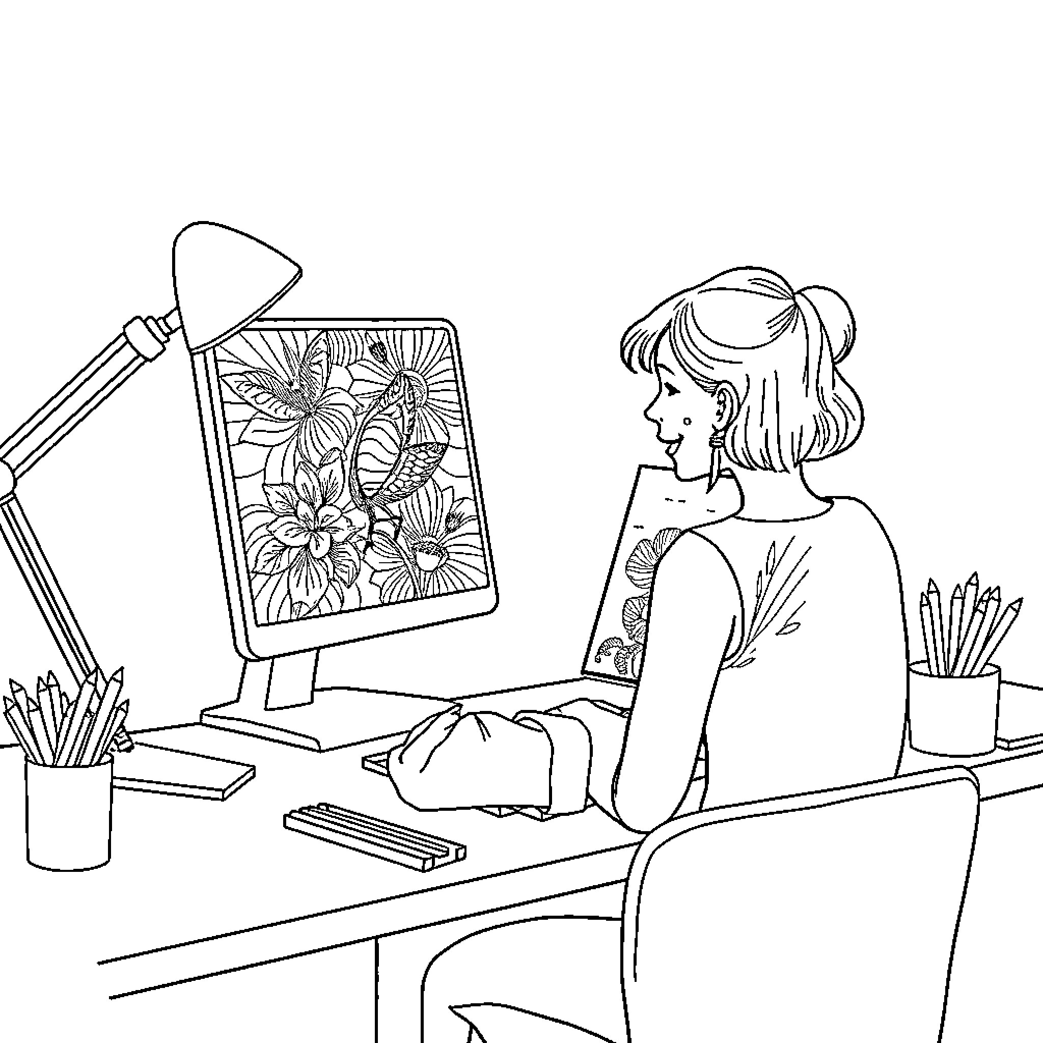 Artist sketching floral designs on computer Coloring Page (free black-and-white line drawing printable PDF for all, from beginners to advanced learners, including children, teens, adults, and seniors)