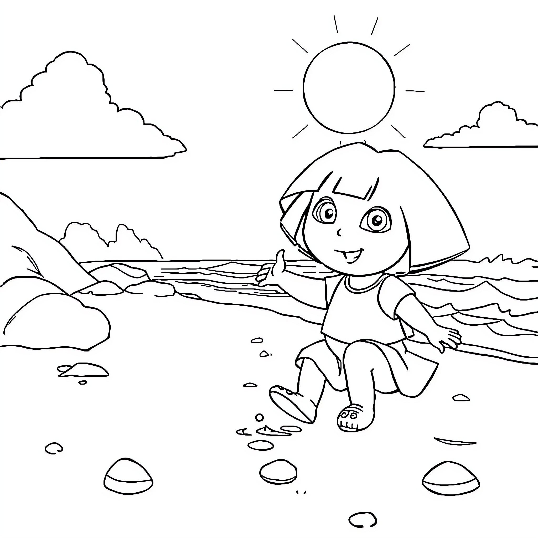 Dora exploring the beach under the sun Coloring Page (free black-and-white line drawing printable PDF for all, from beginners to advanced learners, including children, teens, adults, and seniors)