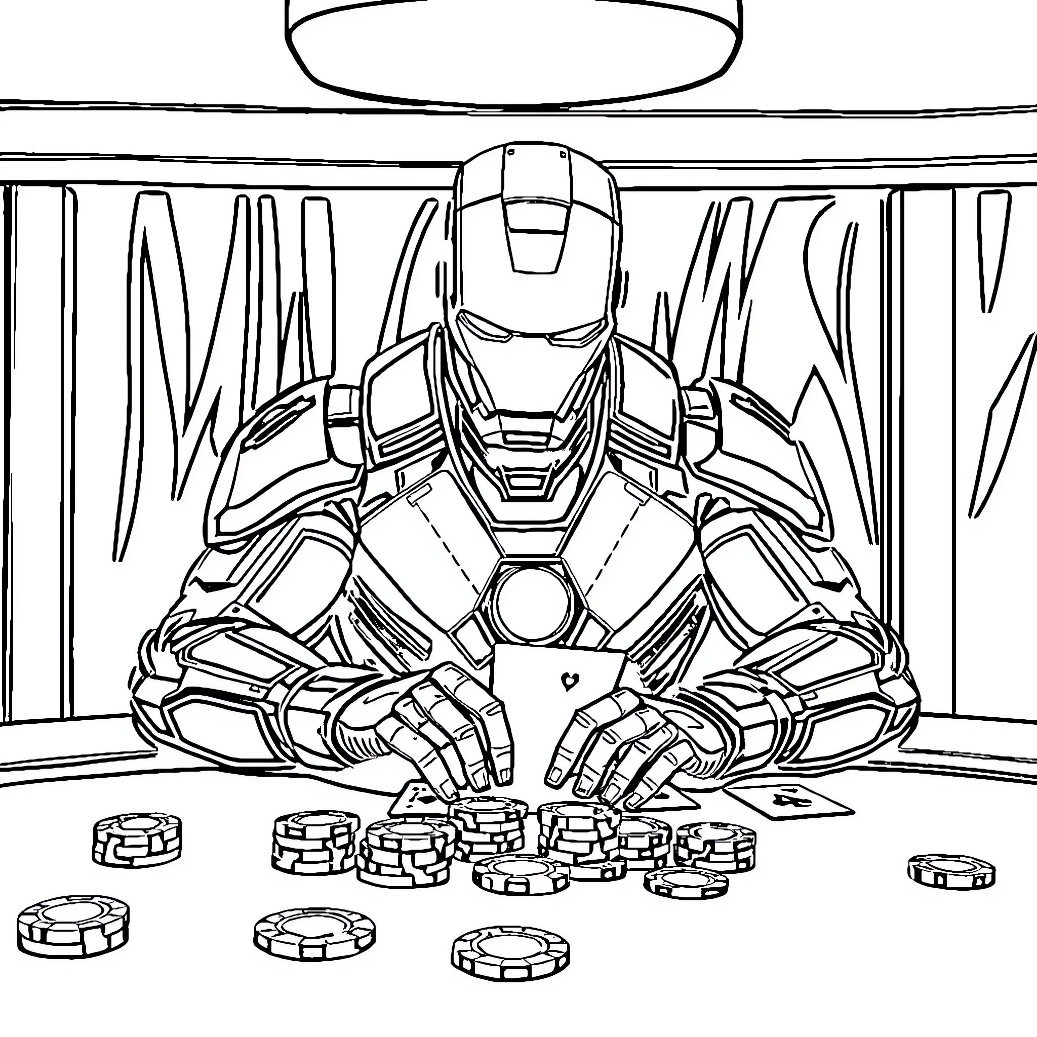 Ironman counting wealth in his secret workshop Coloring Page (free black-and-white line drawing printable PDF for all, from beginners to advanced learners, including children, teens, adults, and seniors)