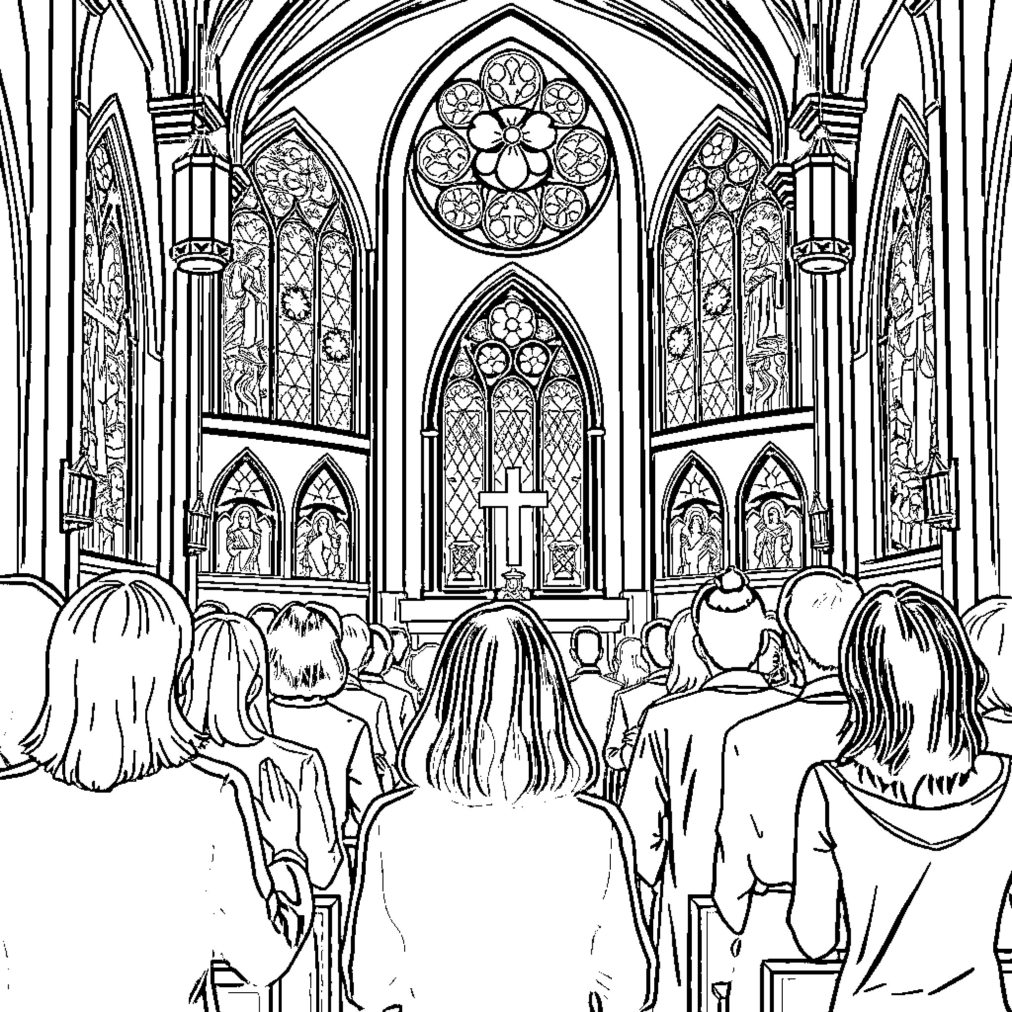 Church interior with worshipers and stained glass windows Coloring Page (free black-and-white line drawing printable PDF for all, from beginners to advanced learners, including children, teens, adults, and seniors)