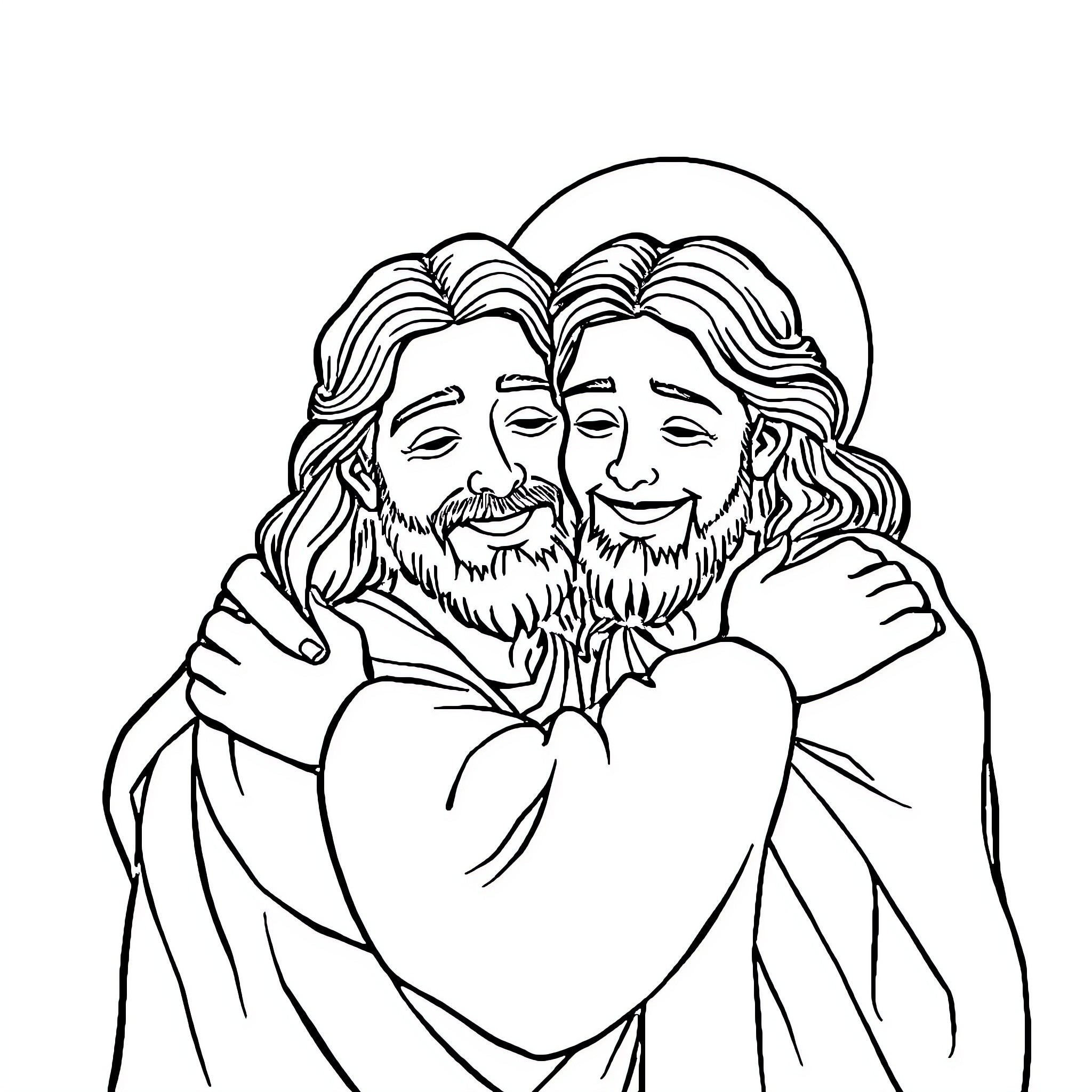Jesus embracing friends with love and joy Coloring Page (free black-and-white line drawing printable PDF for all, from beginners to advanced learners, including children, teens, adults, and seniors)