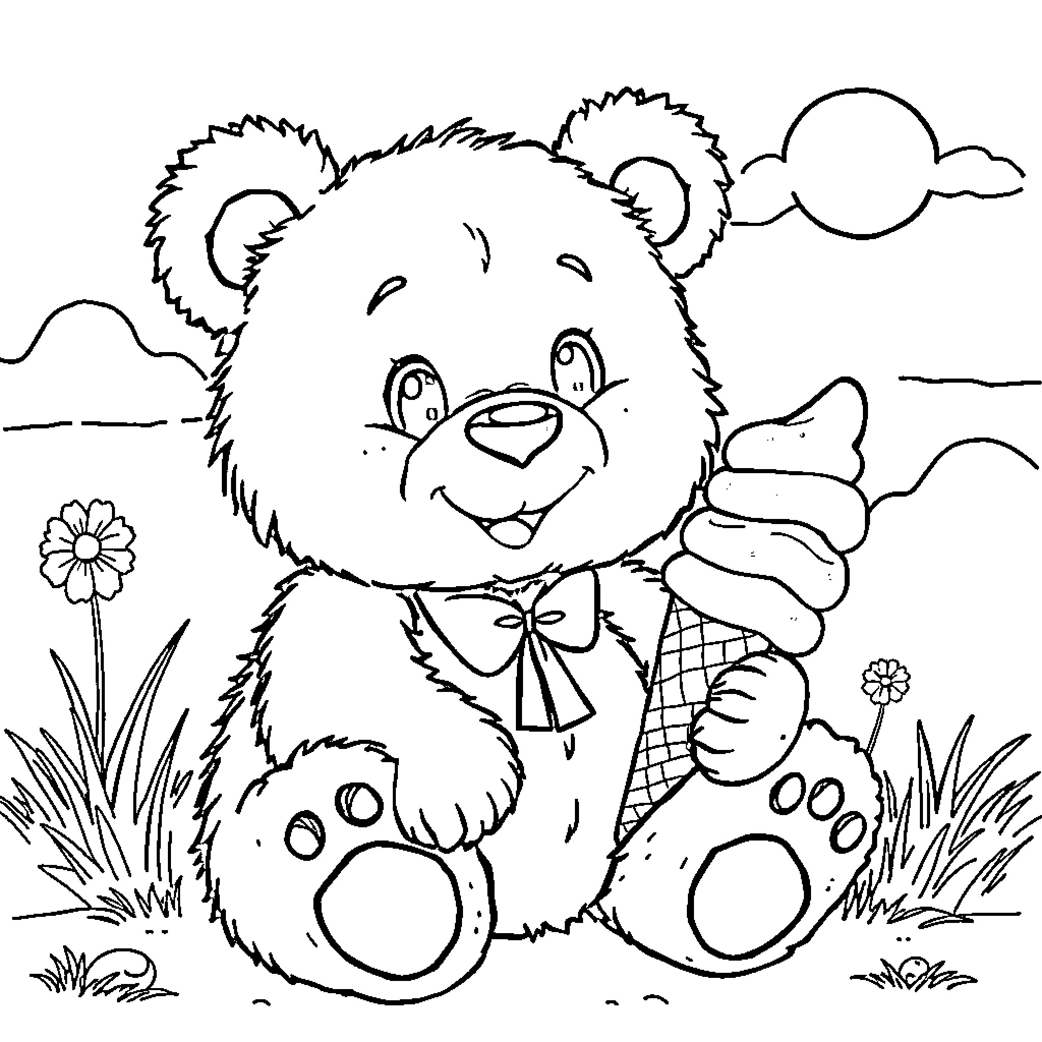 Teddy Bear Enjoying Tasty Ice Cream in Grassy Meadow Coloring Page (free black-and-white line drawing printable PDF for all, from beginners to advanced learners, including children, teens, adults, and seniors)