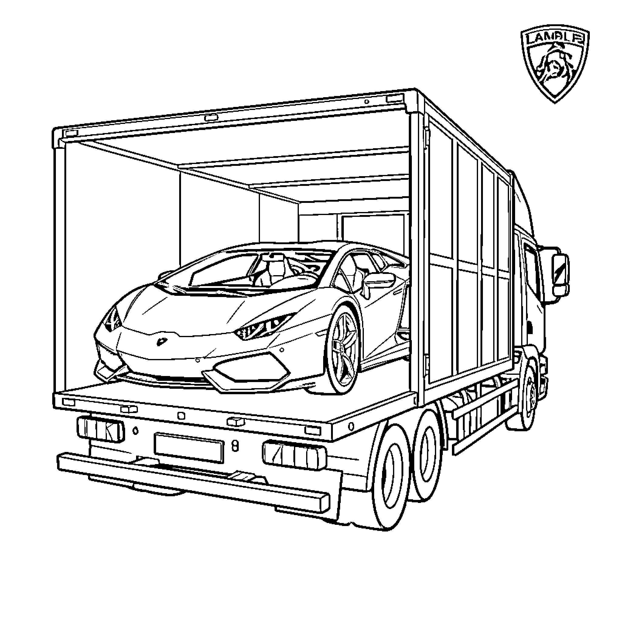 Lamborghini being transported inside a large delivery truck Coloring Page (free black-and-white line drawing printable PDF for all, from beginners to advanced learners, including children, teens, adults, and seniors)