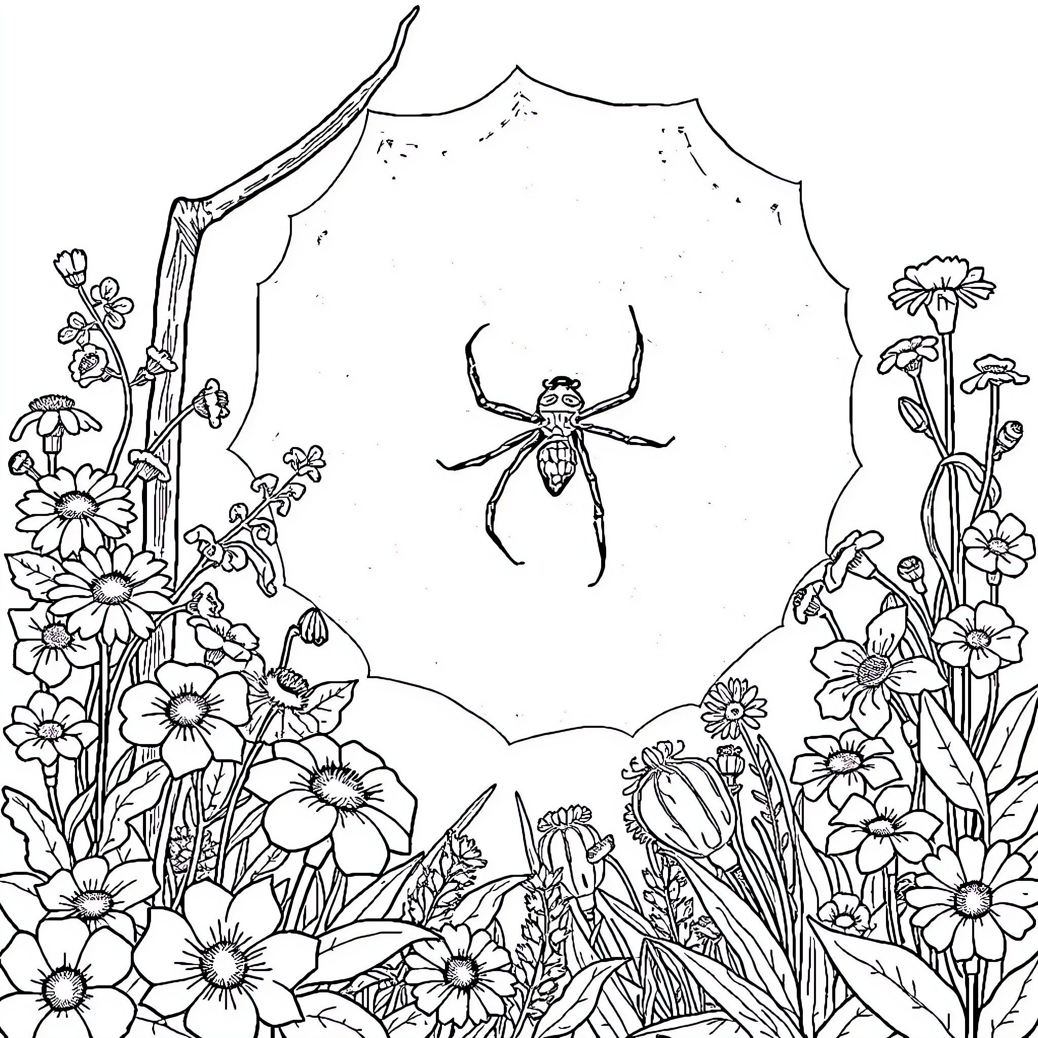 Spider weaving web amidst blooming flowers Coloring Page (free black-and-white line drawing printable PDF for all, from beginners to advanced learners, including children, teens, adults, and seniors)