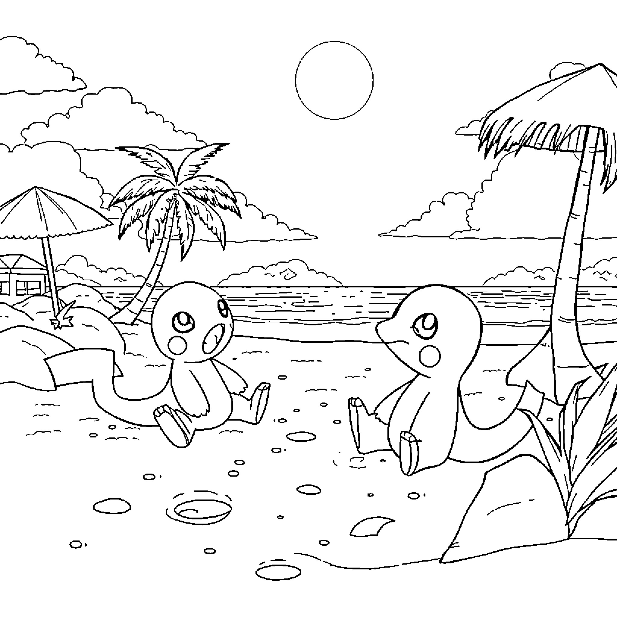 Pokémon relaxing on a tropical beach Coloring Page (free black-and-white line drawing printable PDF for all, from beginners to advanced learners, including children, teens, adults, and seniors)