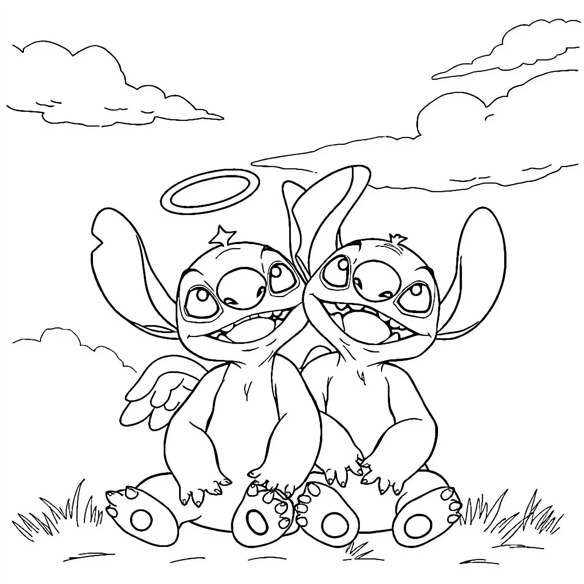 Angel Stitch and Angel Lilo in Heavenly Embrace Coloring Page (free black-and-white line drawing printable PDF for all, from beginners to advanced learners, including children, teens, adults, and seniors)