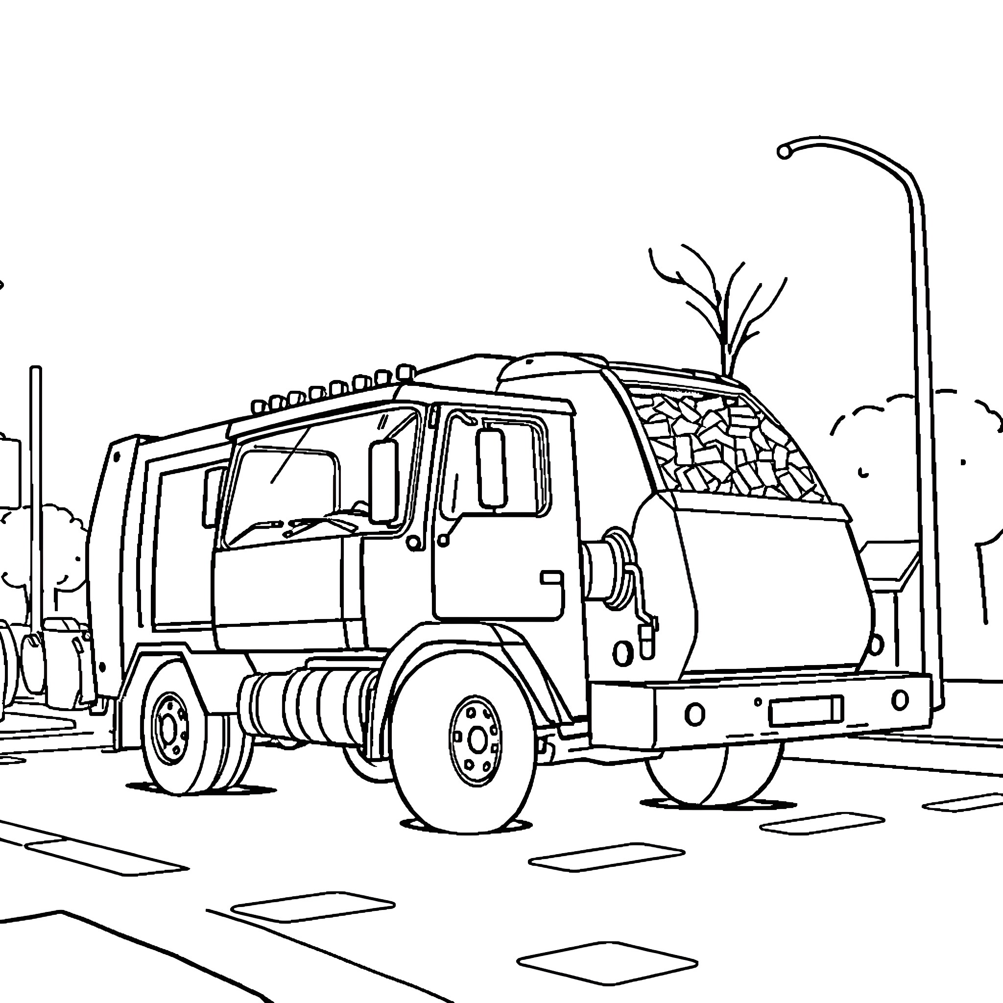 Trash Truck Collecting Waste in the City Coloring Page (free black-and-white line drawing printable PDF for all, from beginners to advanced learners, including children, teens, adults, and seniors)