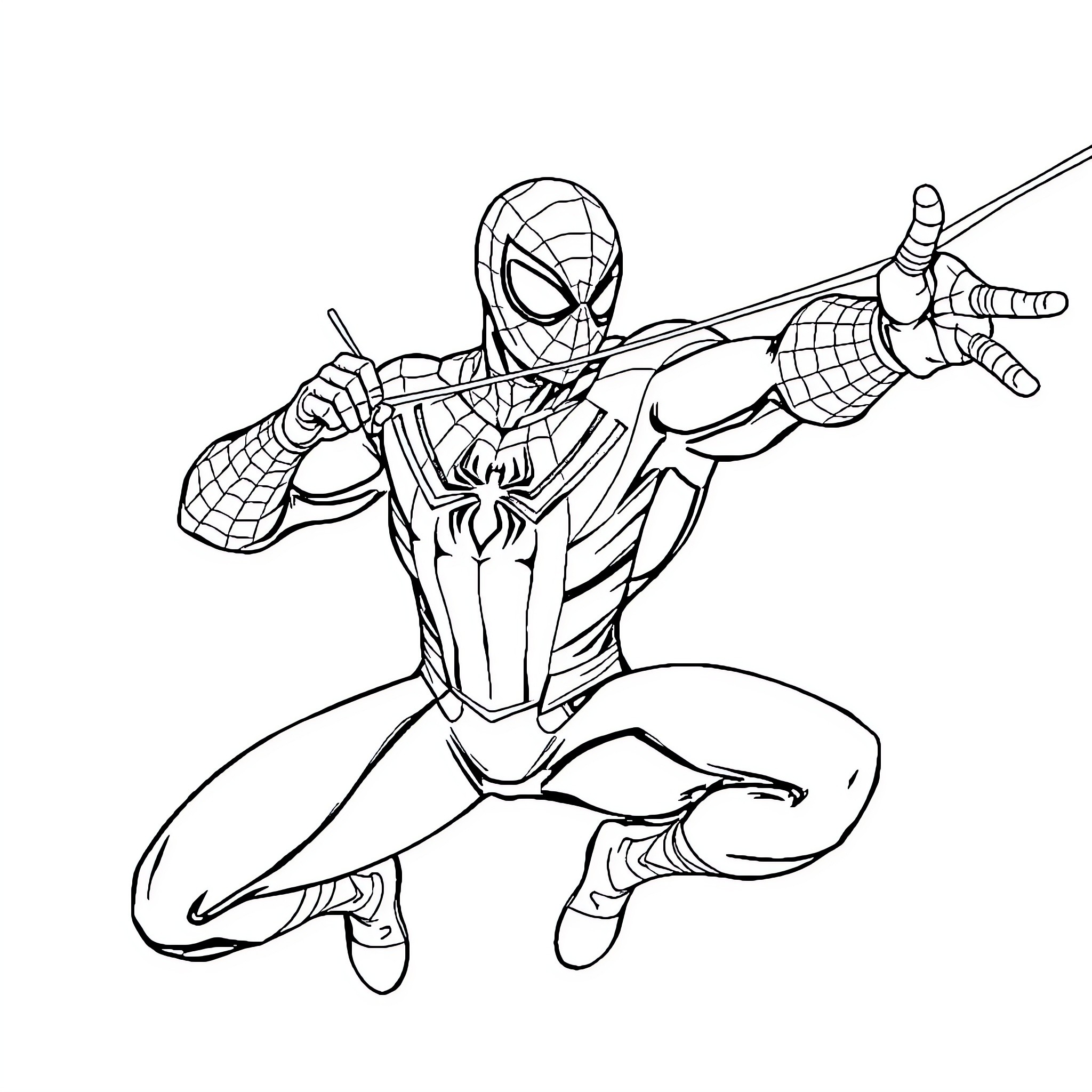 Spiderman in action-packed pose Coloring Page (free black-and-white line drawing printable PDF for all, from beginners to advanced learners, including children, teens, adults, and seniors)