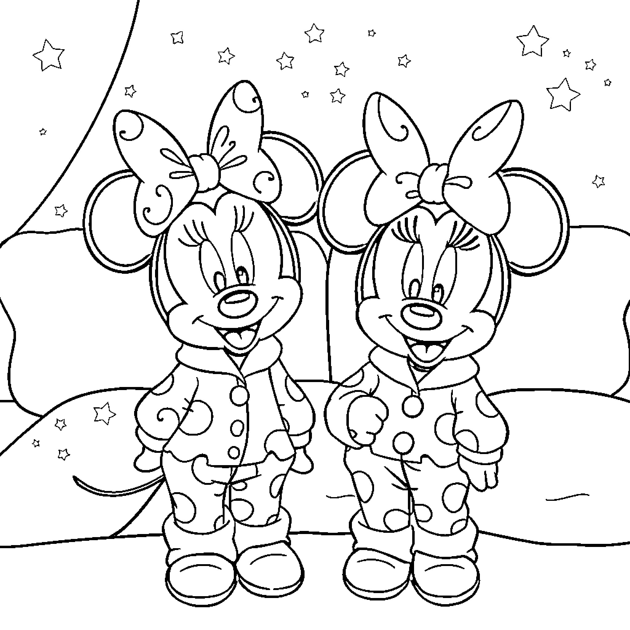 Minnie Mouse and Friend Enjoying the Starry Night Coloring Page (free black-and-white line drawing printable PDF for all, from beginners to advanced learners, including children, teens, adults, and seniors)