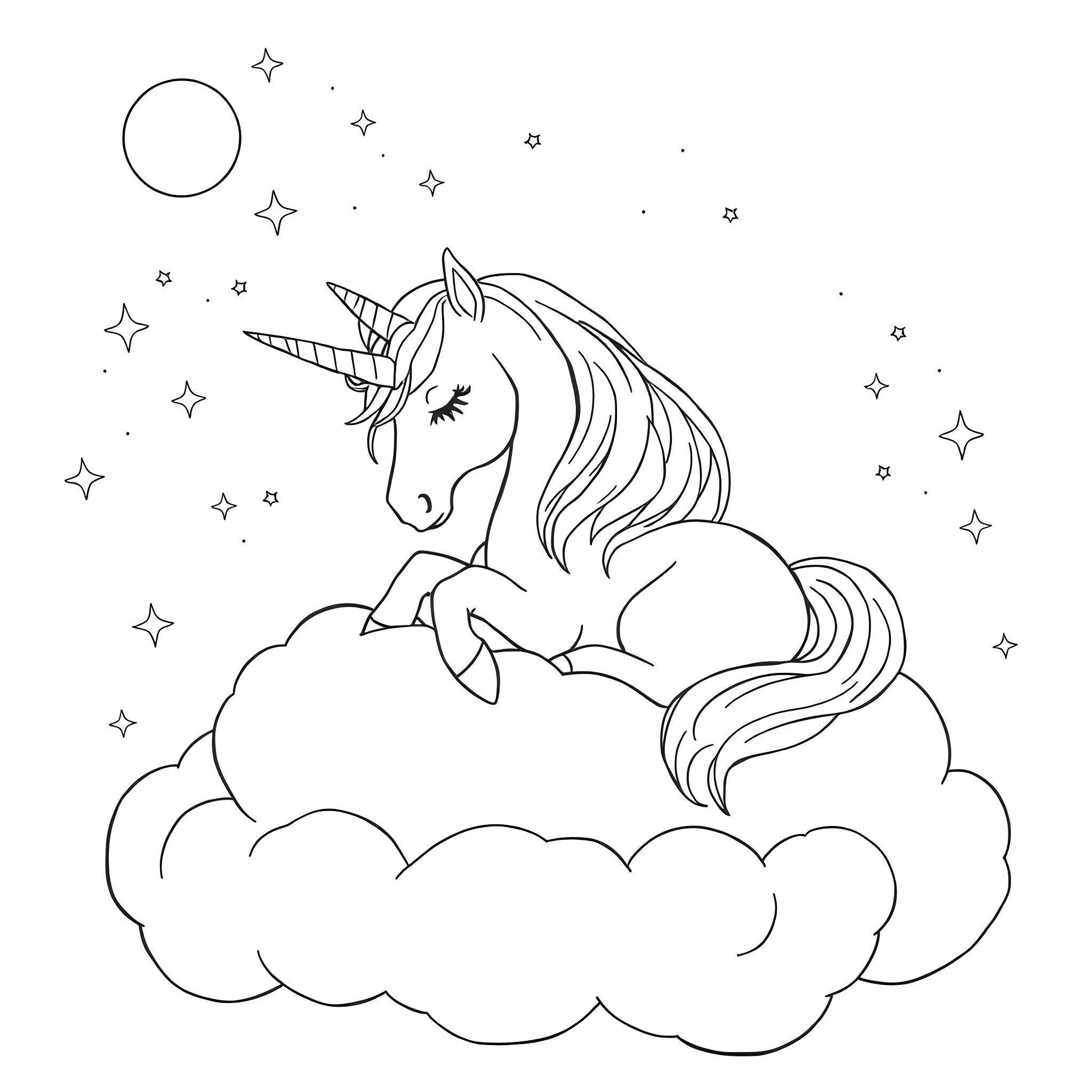 Unicorn resting on a cloud under starry night sky Coloring Page (free black-and-white line drawing printable PDF for all, from beginners to advanced learners, including children, teens, adults, and seniors)