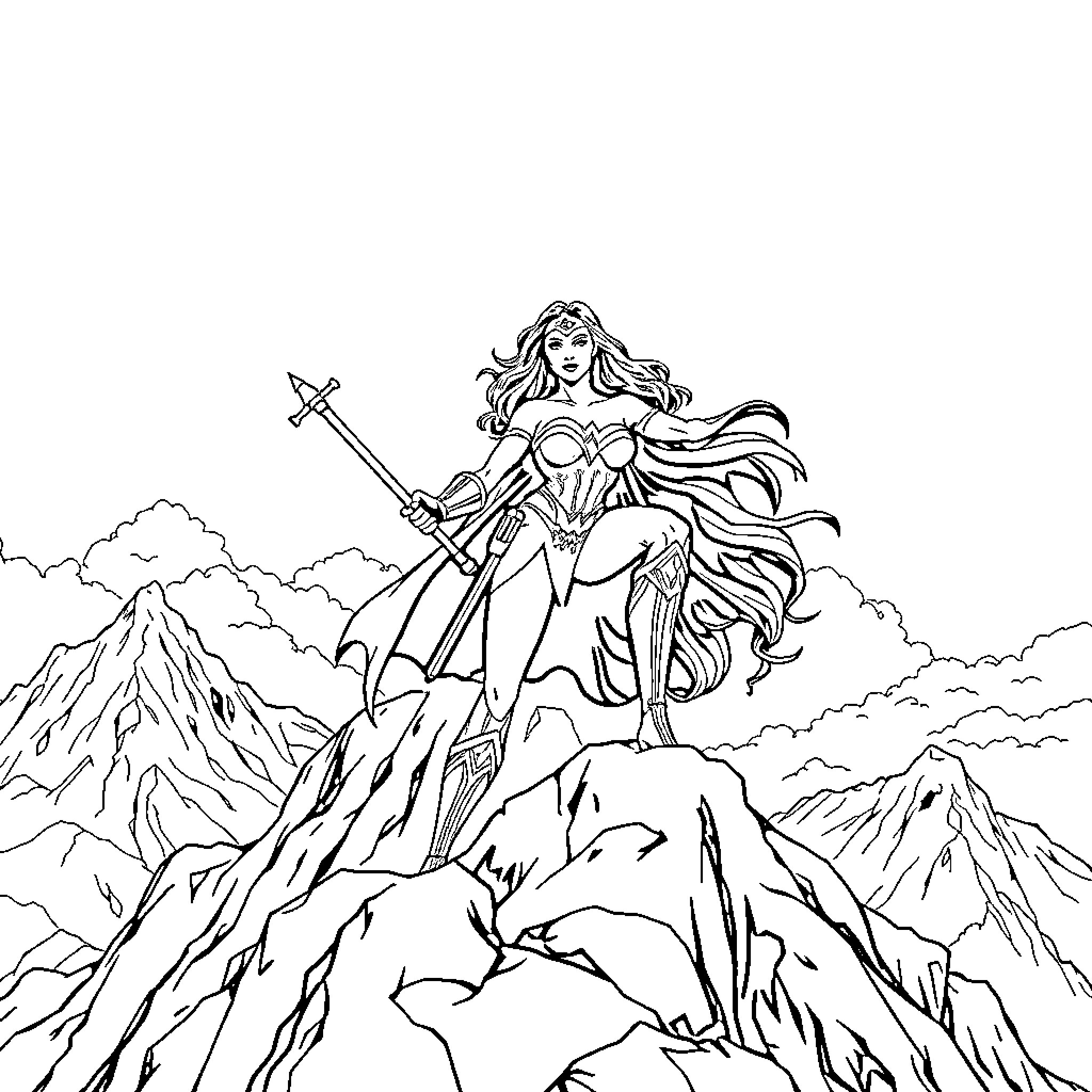 Wonder Woman standing tall on a mountain peak Coloring Page (free black-and-white line drawing printable PDF for all, from beginners to advanced learners, including children, teens, adults, and seniors)