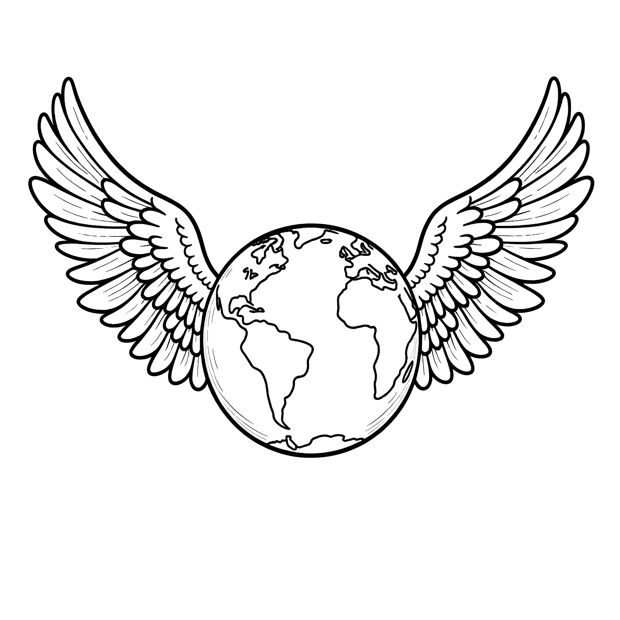 Angel Wings Embracing the World Coloring Page (free black-and-white line drawing printable PDF for all, from beginners to advanced learners, including children, teens, adults, and seniors)