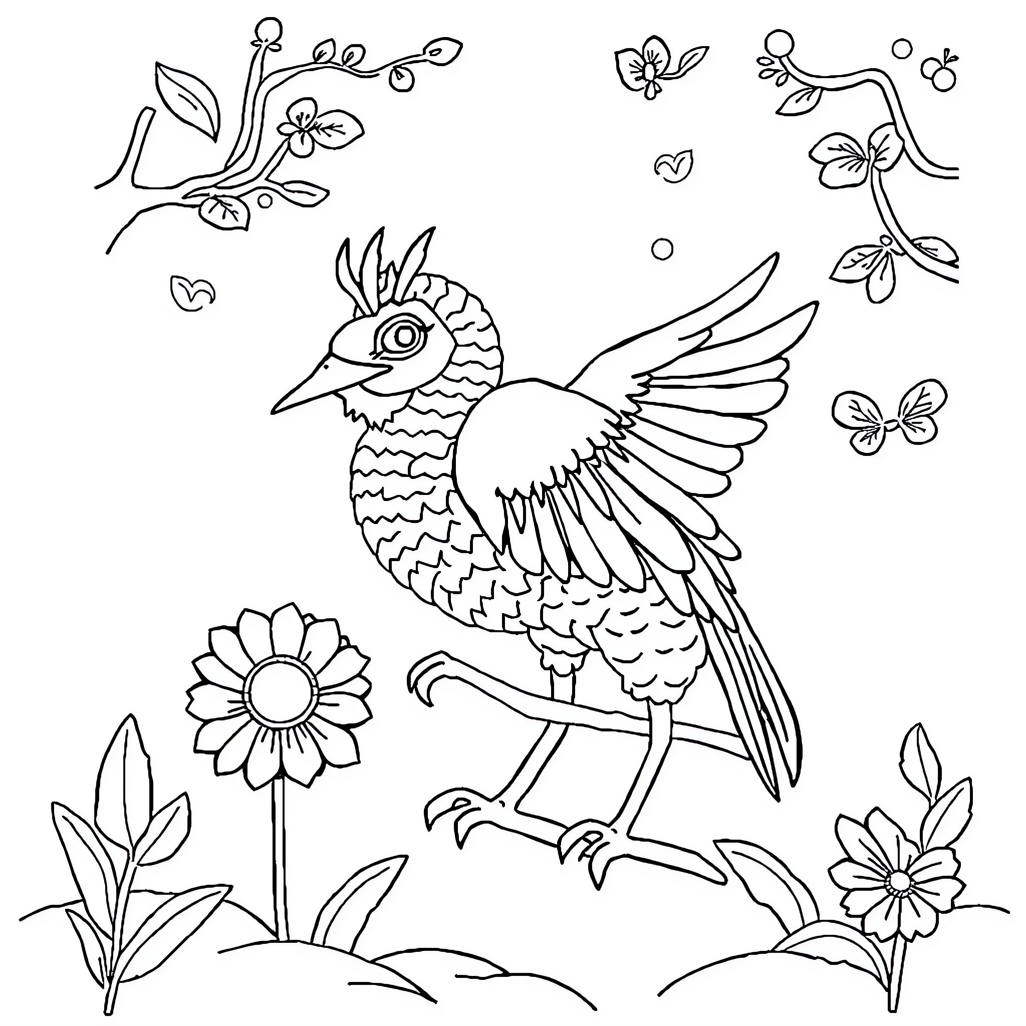 आता थांबायचं नाय: Vibrant bird amid blooming flowers Coloring Page (free black-and-white line drawing printable PDF for all, from beginners to advanced learners, including children, teens, adults, and seniors)