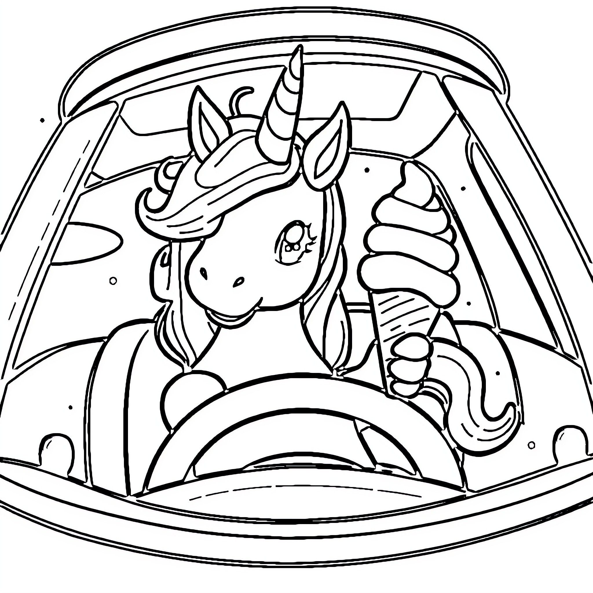 Unicorn driving a magical car Coloring Page (free black-and-white line drawing printable PDF for all, from beginners to advanced learners, including children, teens, adults, and seniors)