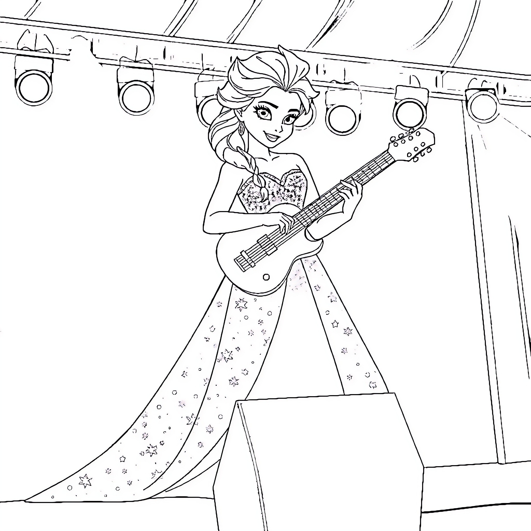 Elsa performing on stage with a guitar Coloring Page (free black-and-white line drawing printable PDF for all, from beginners to advanced learners, including children, teens, adults, and seniors)