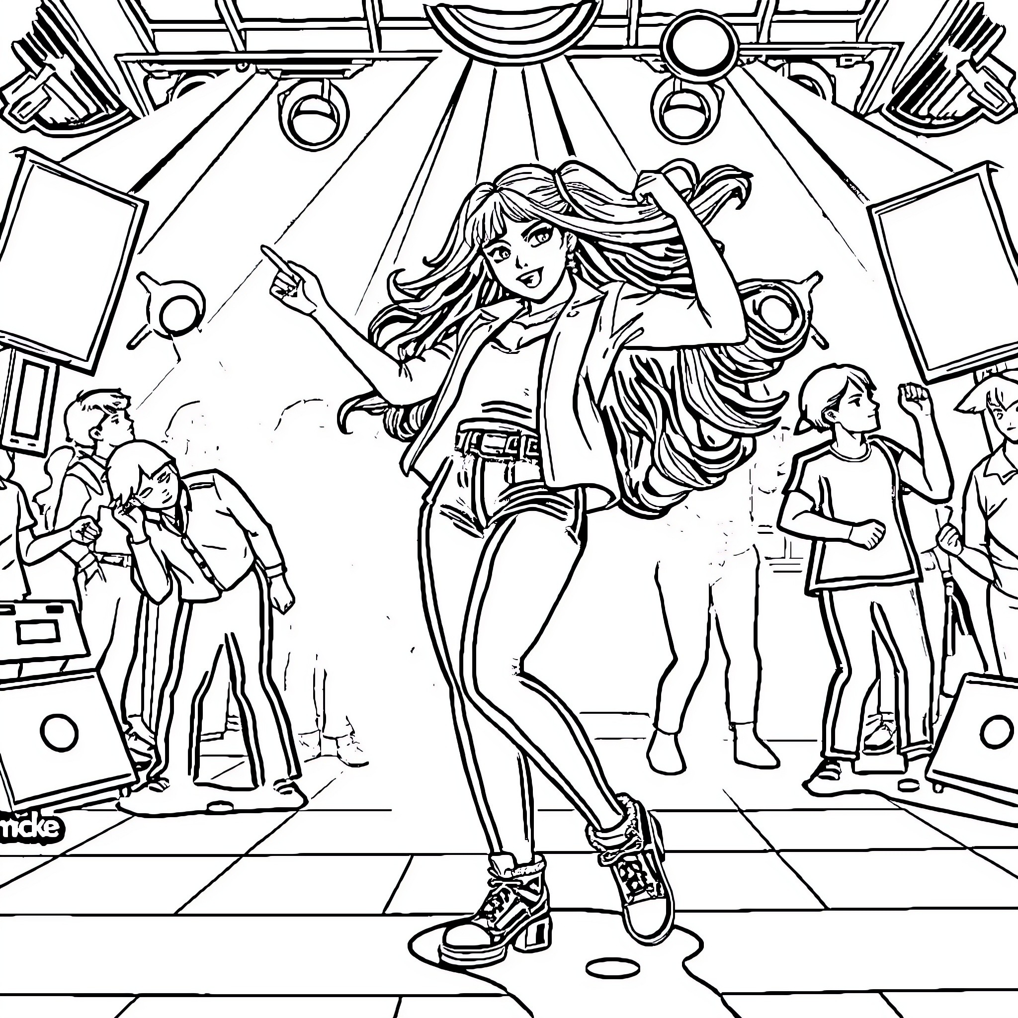 Zoey's Musical Performance on Stage Coloring Page (free black-and-white line drawing printable PDF for all, from beginners to advanced learners, including children, teens, adults, and seniors)