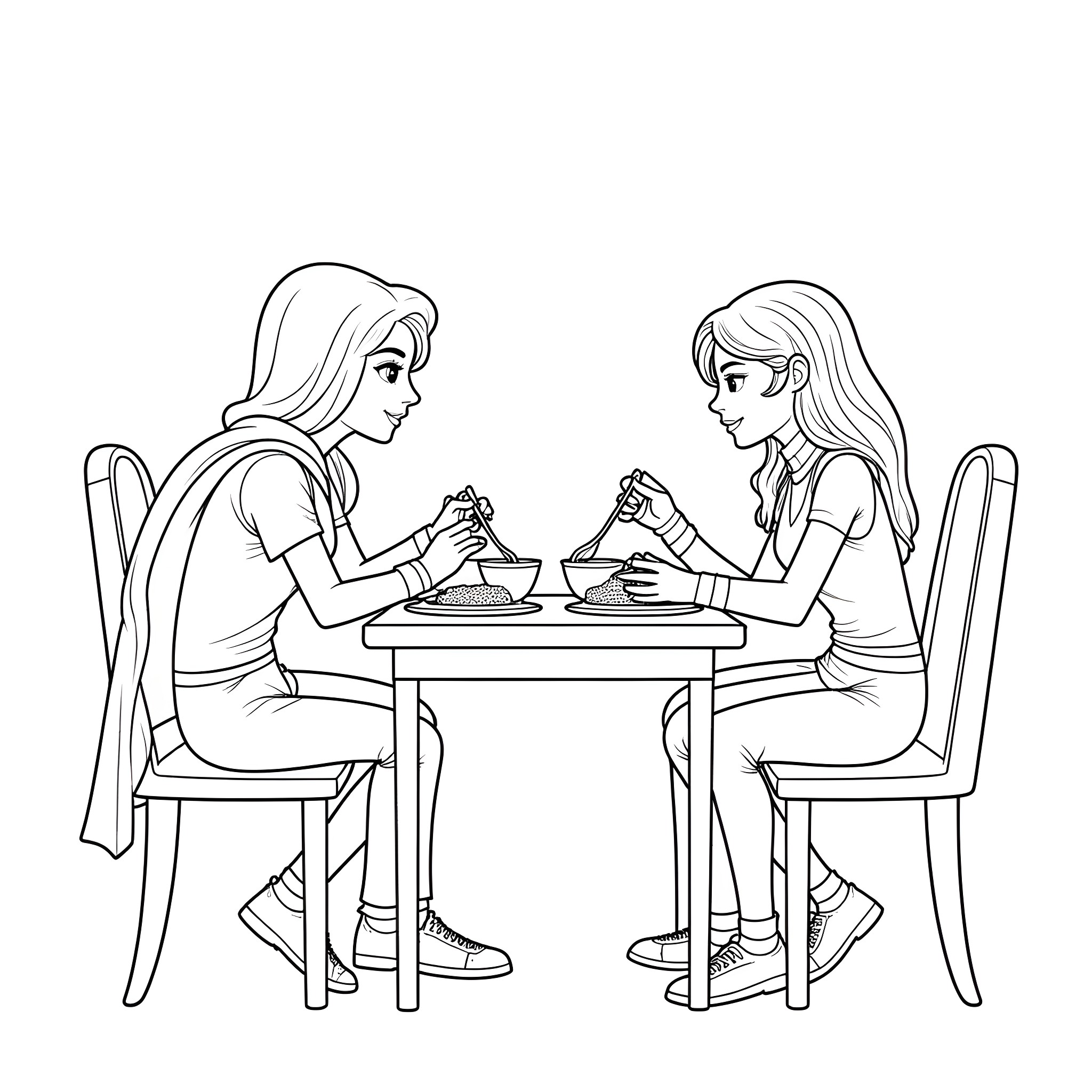 Raven Girls Sharing a Meal Together Coloring Page (free black-and-white line drawing printable PDF for all, from beginners to advanced learners, including children, teens, adults, and seniors)