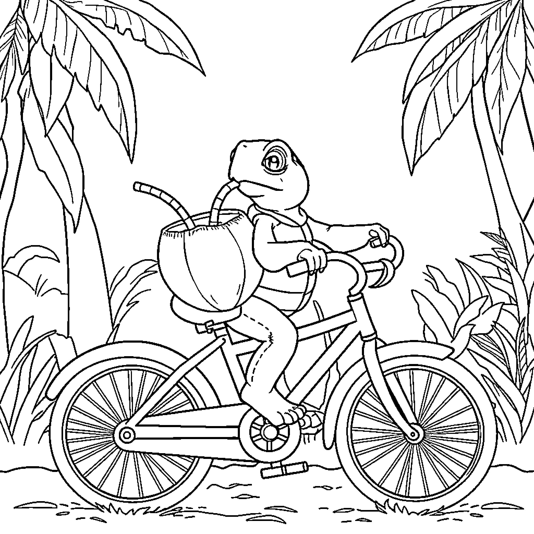 Turtle riding a bicycle in the jungle Coloring Page (free black-and-white line drawing printable PDF for all, from beginners to advanced learners, including children, teens, adults, and seniors)