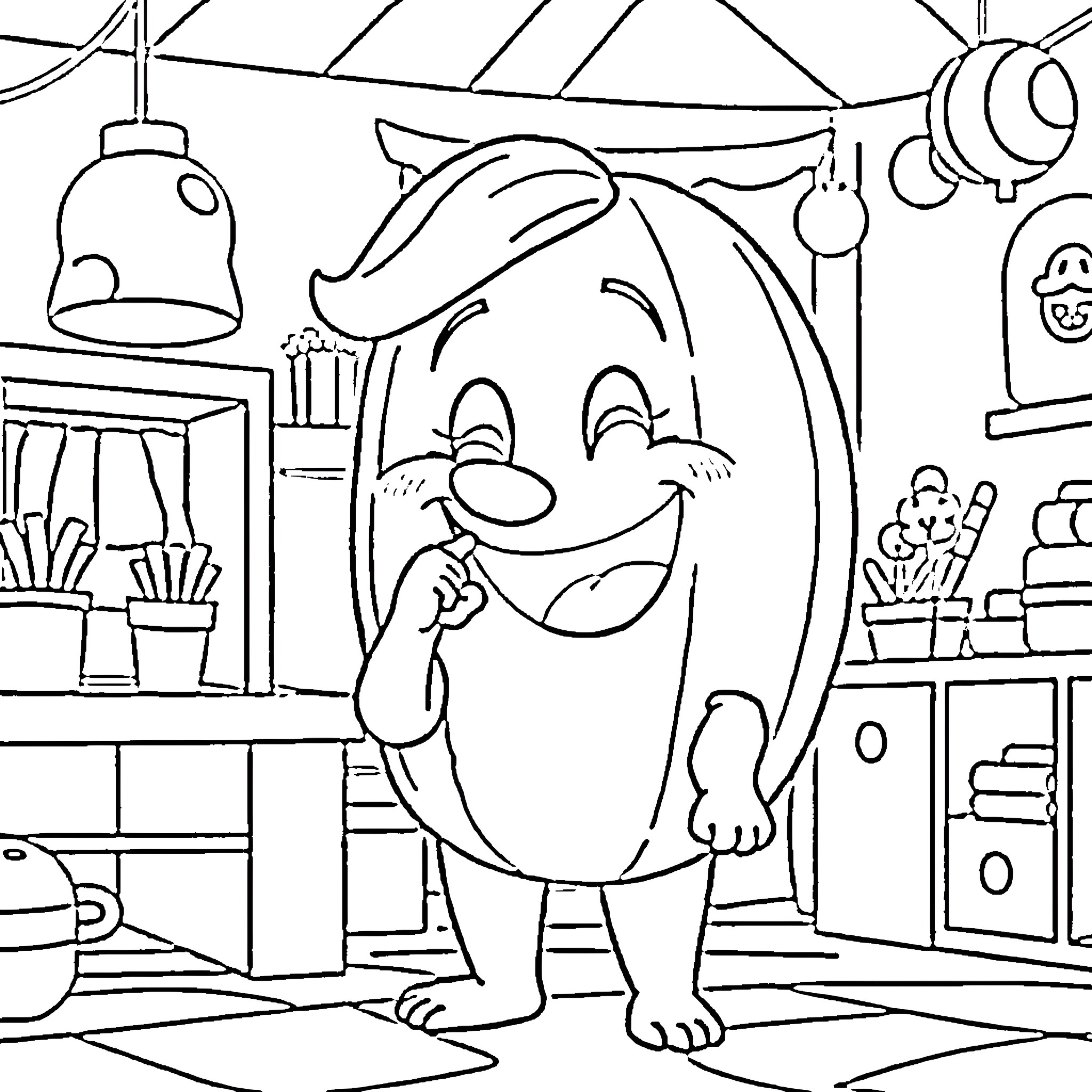JJ Cheerful Character in a Cozy Workspace Coloring Page (free black-and-white line drawing printable PDF for all, from beginners to advanced learners, including children, teens, adults, and seniors)