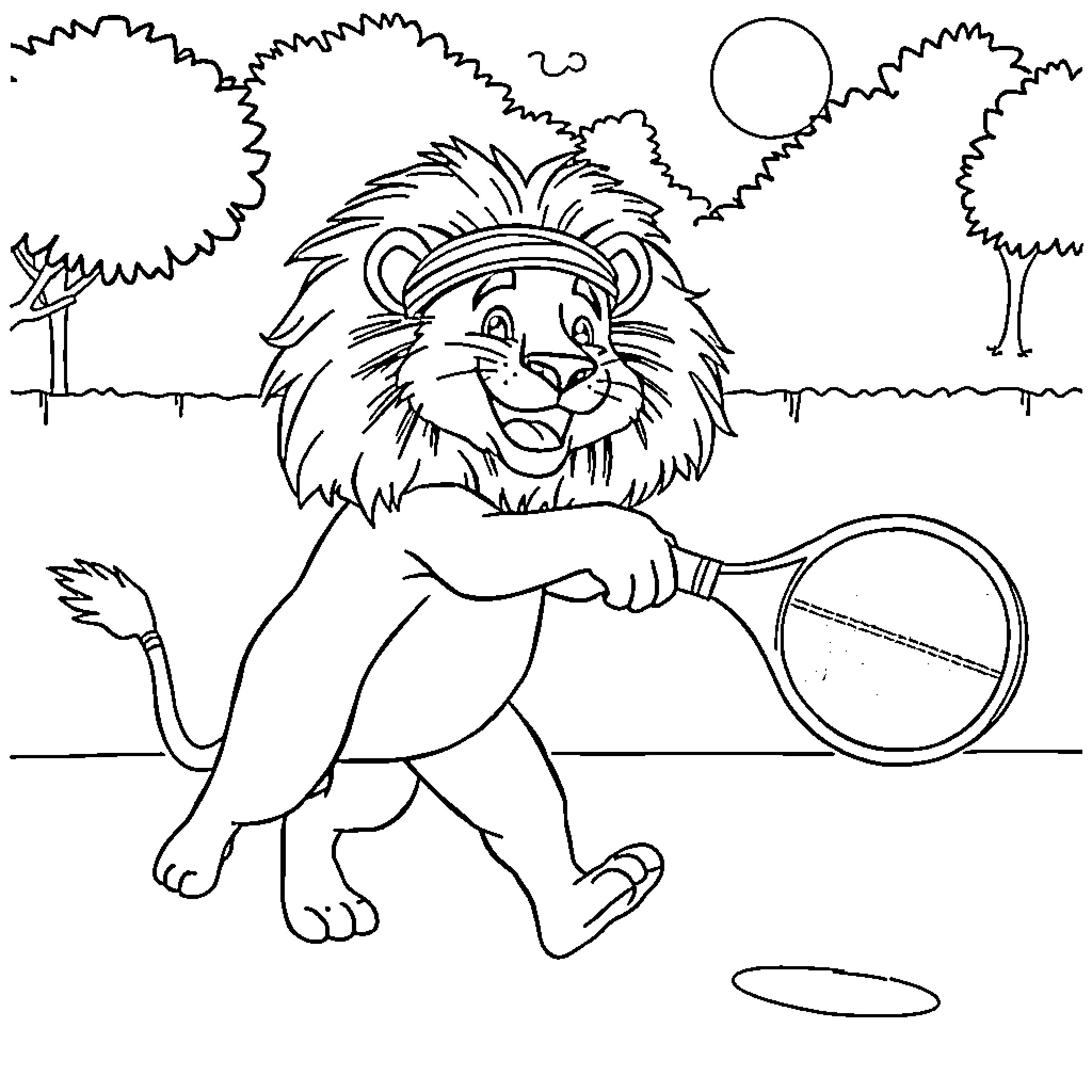 Lion searching with magnifying glass in nature Coloring Page (free black-and-white line drawing printable PDF for all, from beginners to advanced learners, including children, teens, adults, and seniors)