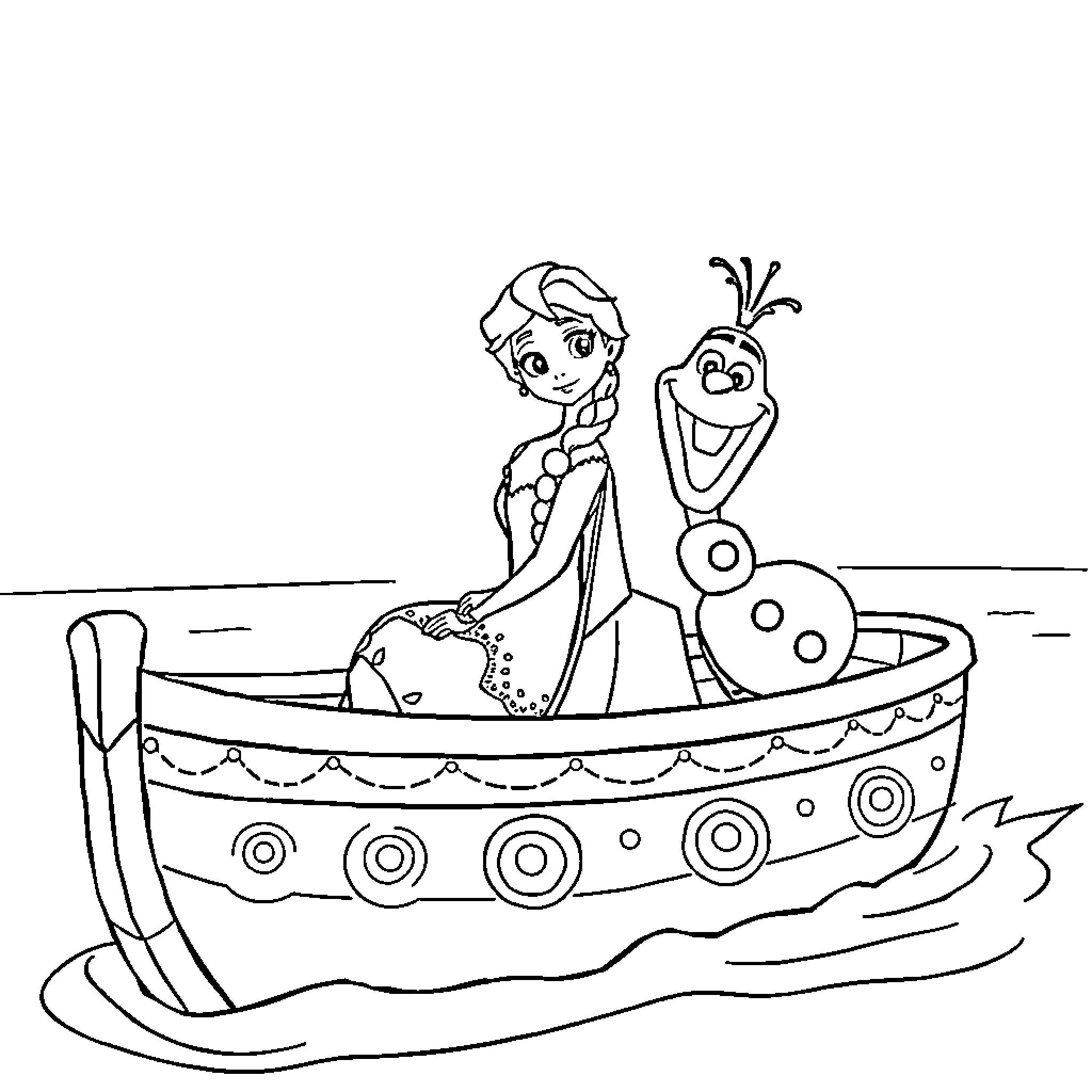 Elsa and Olaf enjoying a boat ride Coloring Page (free black-and-white line drawing printable PDF for all, from beginners to advanced learners, including children, teens, adults, and seniors)