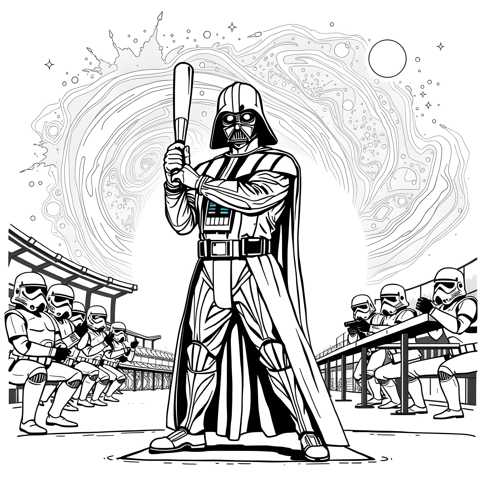 Darth Vader commanding the Imperial Stormtroopers Coloring Page (free black-and-white line drawing printable PDF for all, from beginners to advanced learners, including children, teens, adults, and seniors)
