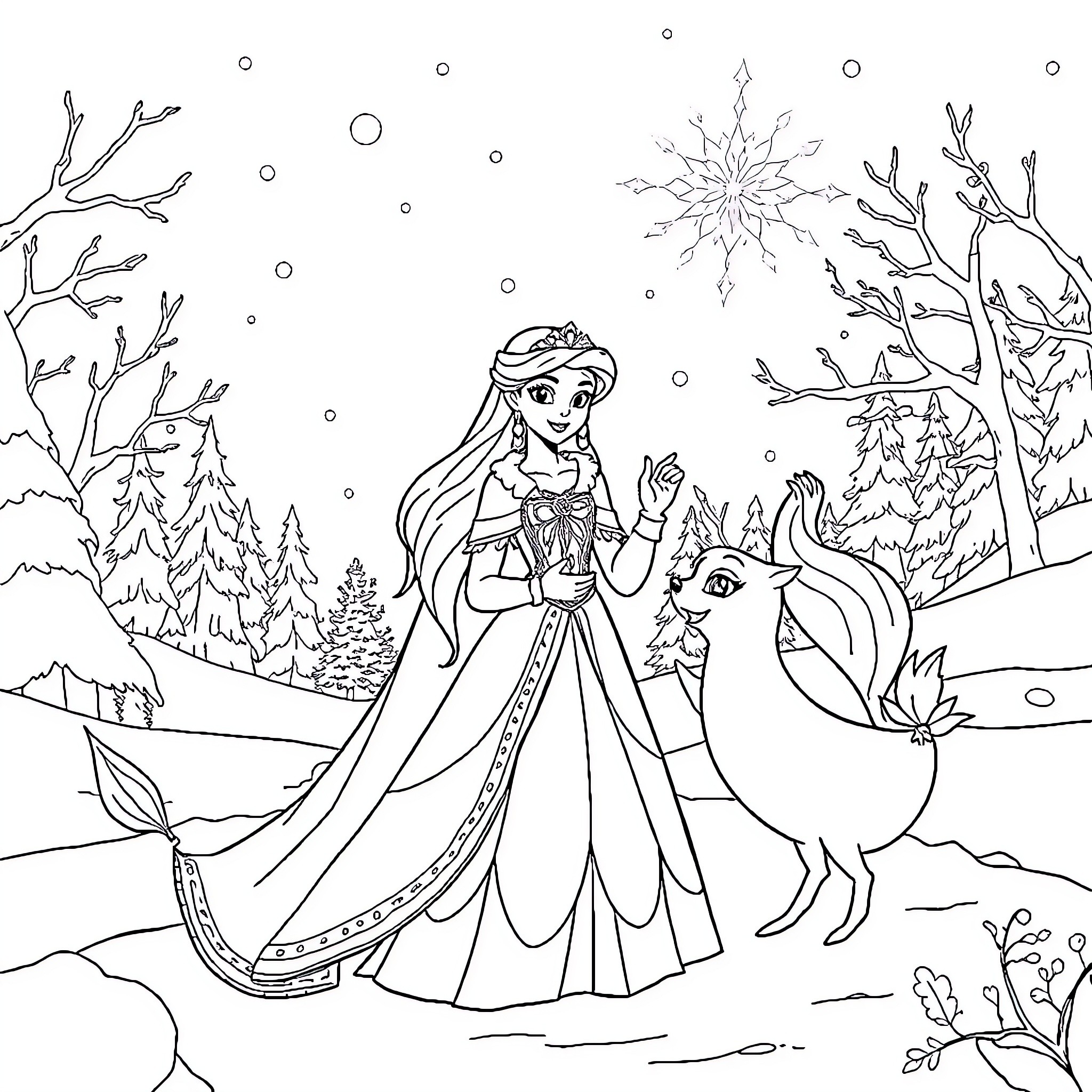 Reine des Neiges: Princess in Winter Wonderland Coloring Page (free black-and-white line drawing printable PDF for all, from beginners to advanced learners, including children, teens, adults, and seniors)