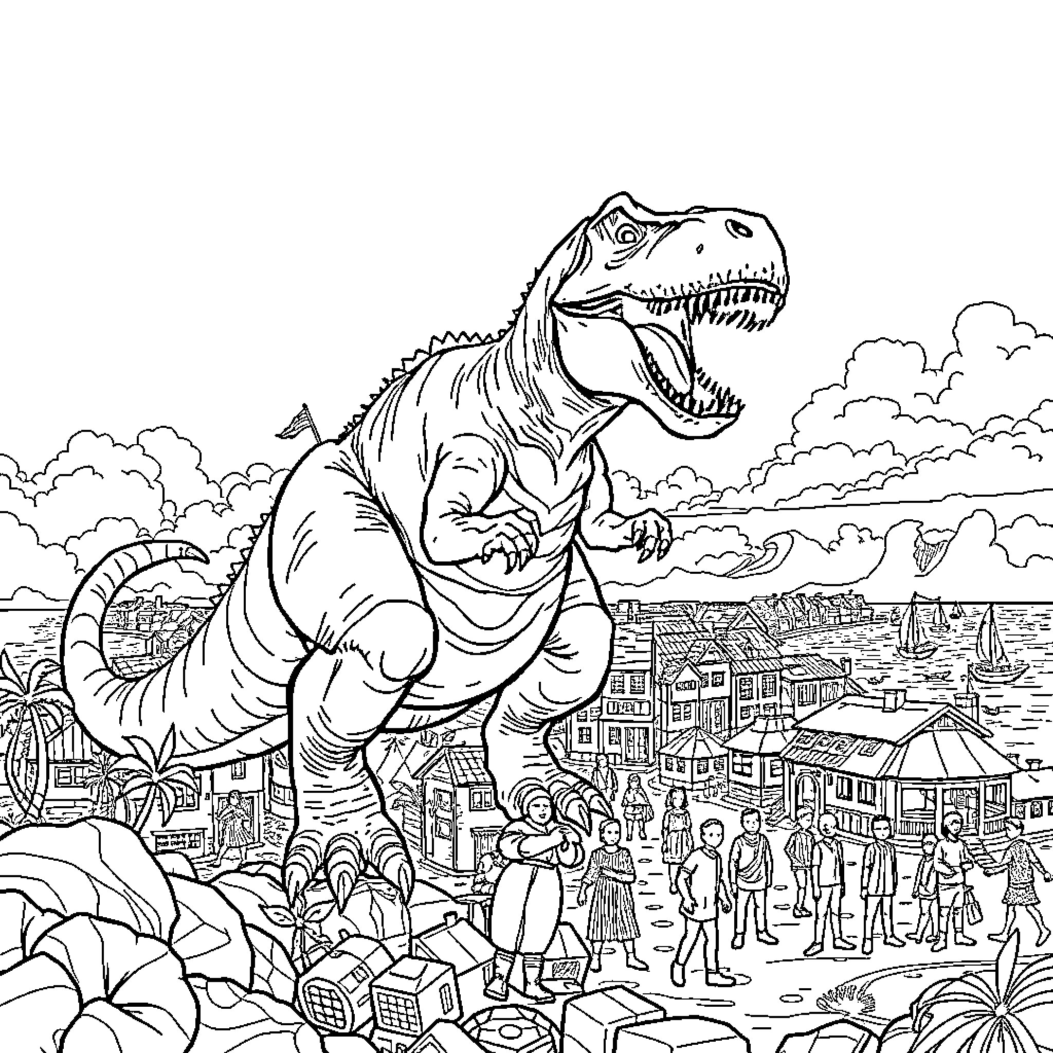 Dinosaur towering over a bustling city landscape Coloring Page (free black-and-white line drawing printable PDF for all, from beginners to advanced learners, including children, teens, adults, and seniors)