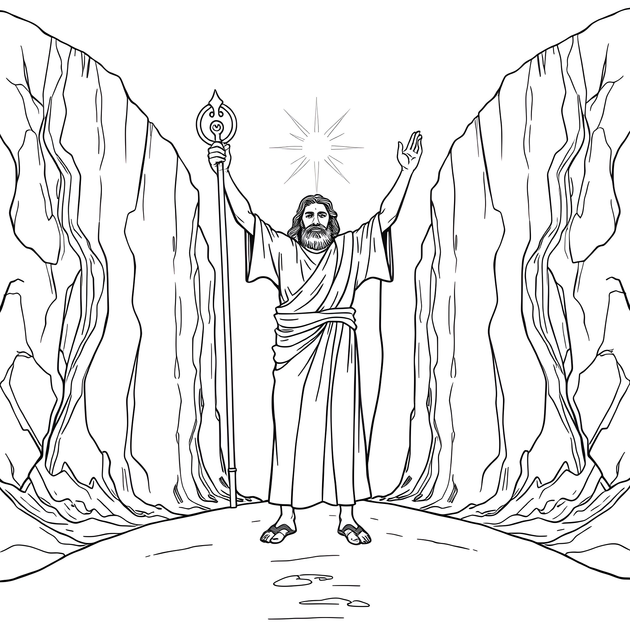 Moses parting the sea with commanding presence Coloring Page (free black-and-white line drawing printable PDF for all, from beginners to advanced learners, including children, teens, adults, and seniors)