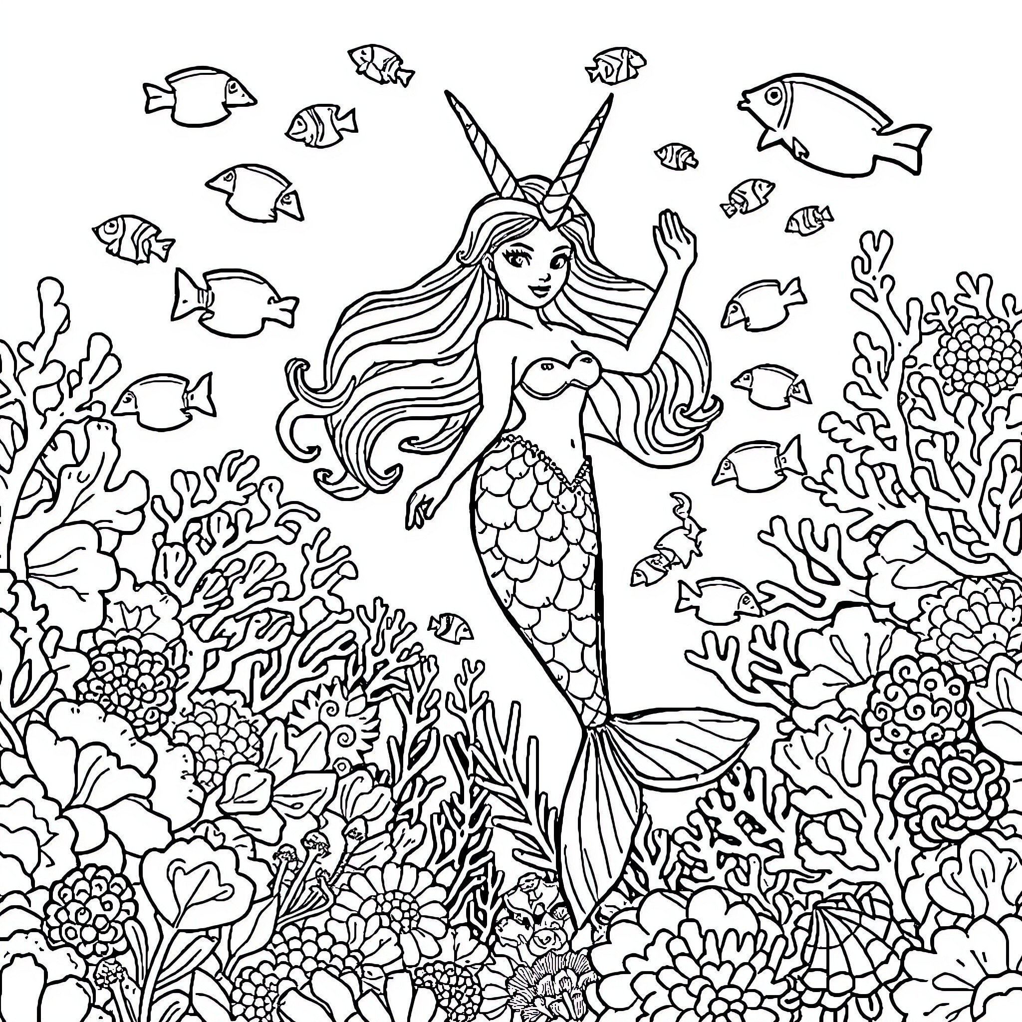 Mermaid swimming among coral and tropical fish Coloring Page (free black-and-white line drawing printable PDF for all, from beginners to advanced learners, including children, teens, adults, and seniors)