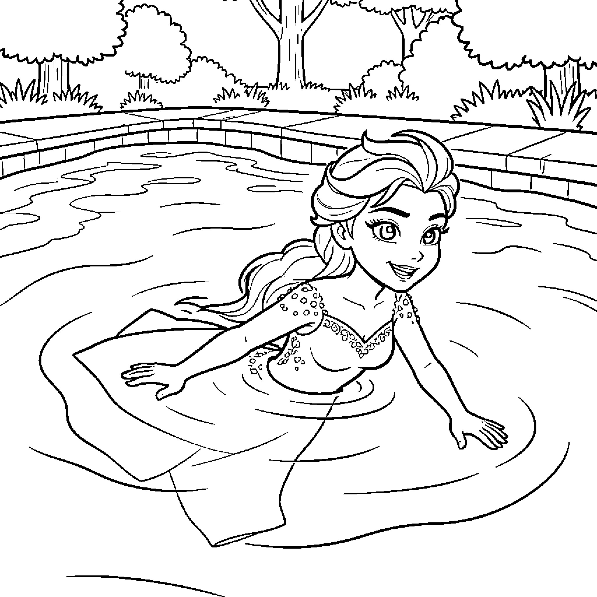 Elsa smiling while wading in a swimming pool Coloring Page (free black-and-white line drawing printable PDF for all, from beginners to advanced learners, including children, teens, adults, and seniors)