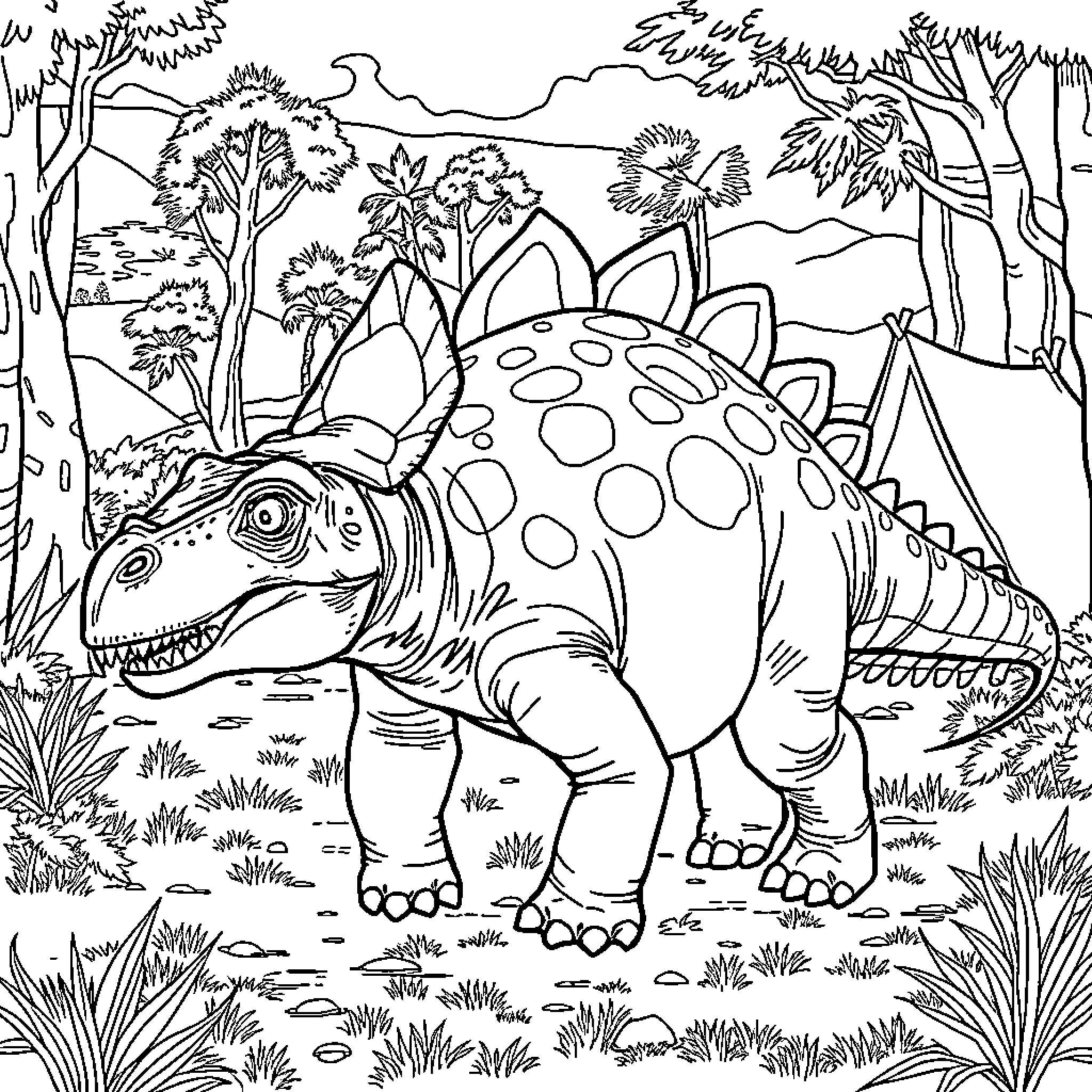 Ankylosaurus exploring the prehistoric forest Coloring Page (free black-and-white line drawing printable PDF for all, from beginners to advanced learners, including children, teens, adults, and seniors)