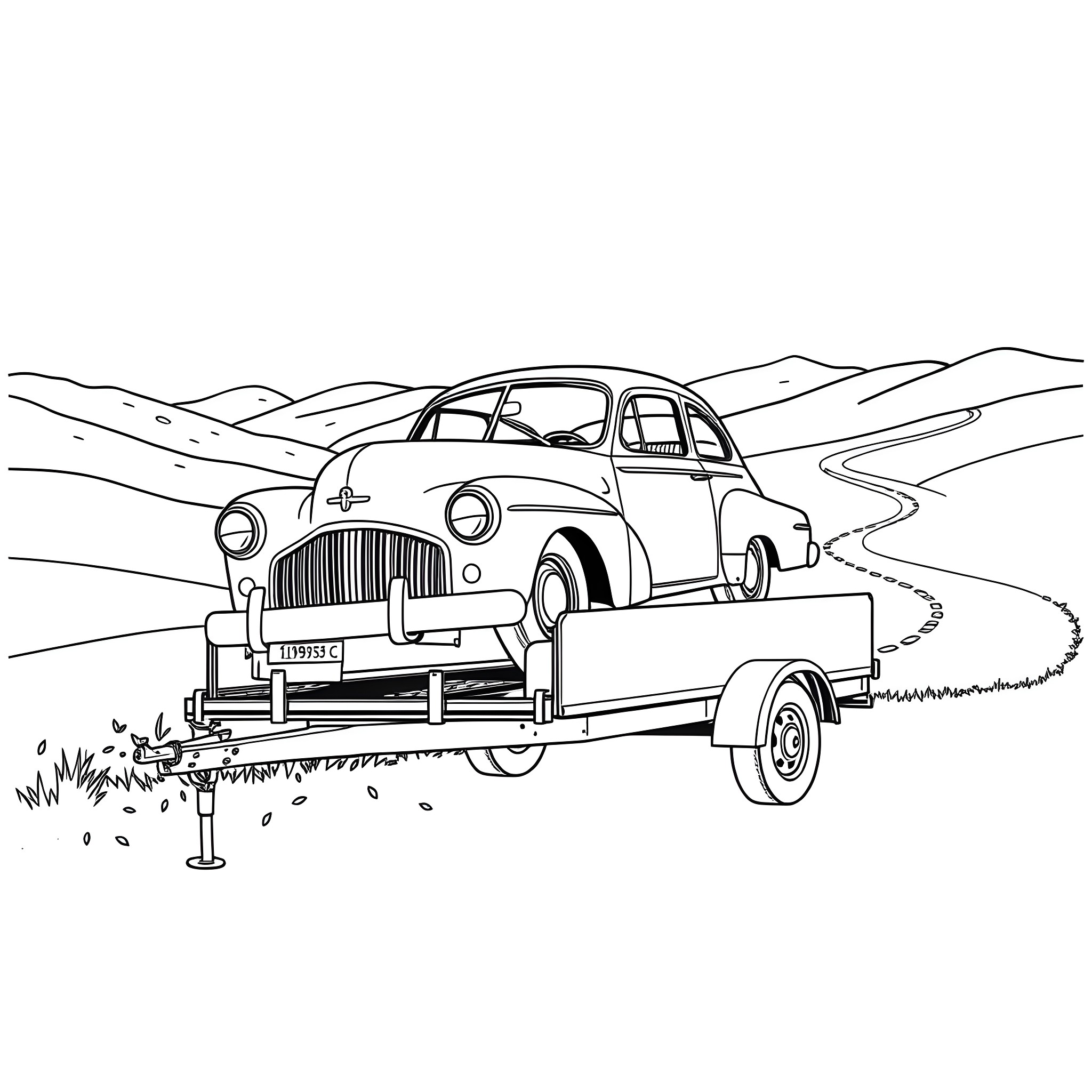 Car being towed on a trailer through a mountainous landscape Coloring Page (free black-and-white line drawing printable PDF for all, from beginners to advanced learners, including children, teens, adults, and seniors)