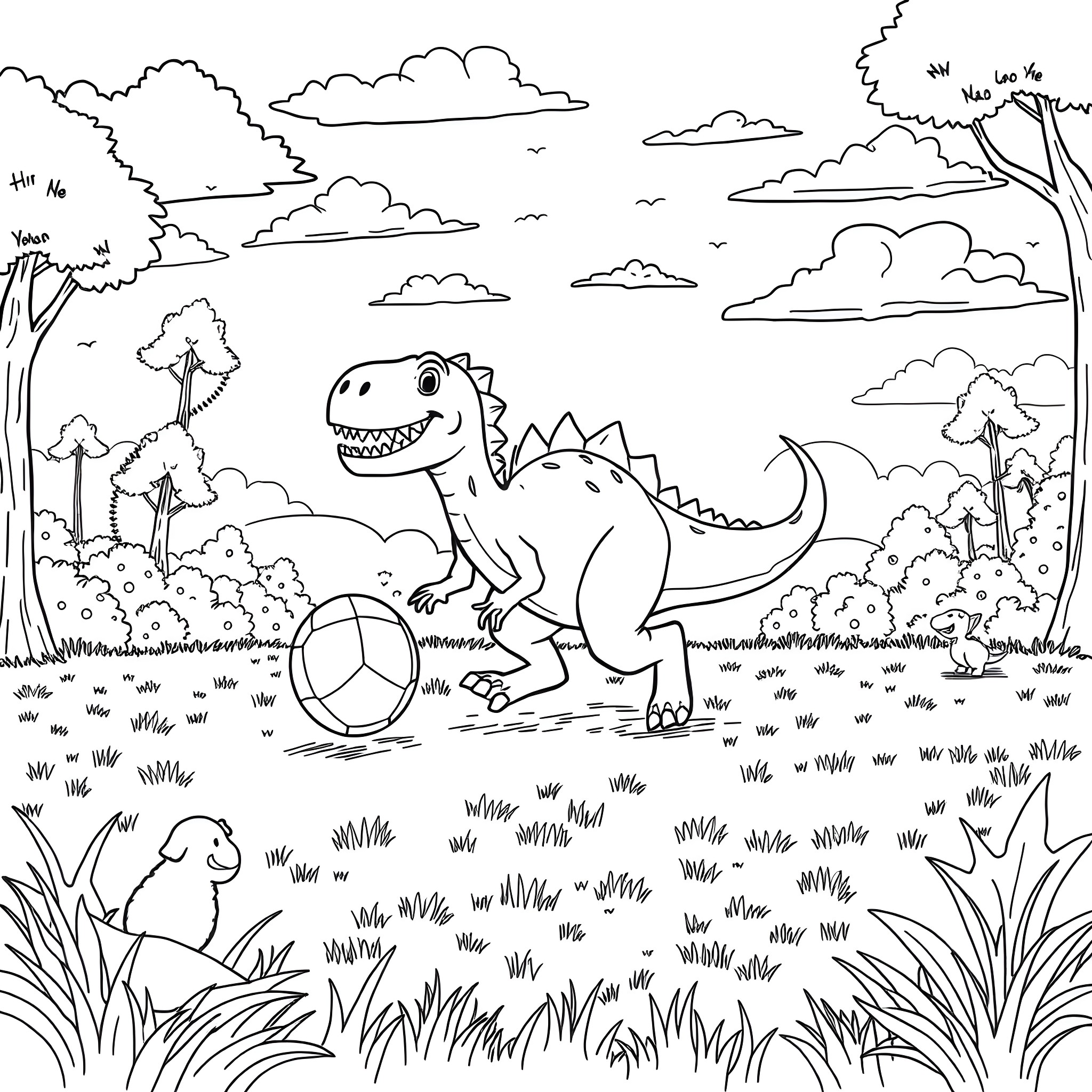 Dino playing happily with ball in the park Coloring Page (free black-and-white line drawing printable PDF for all, from beginners to advanced learners, including children, teens, adults, and seniors)