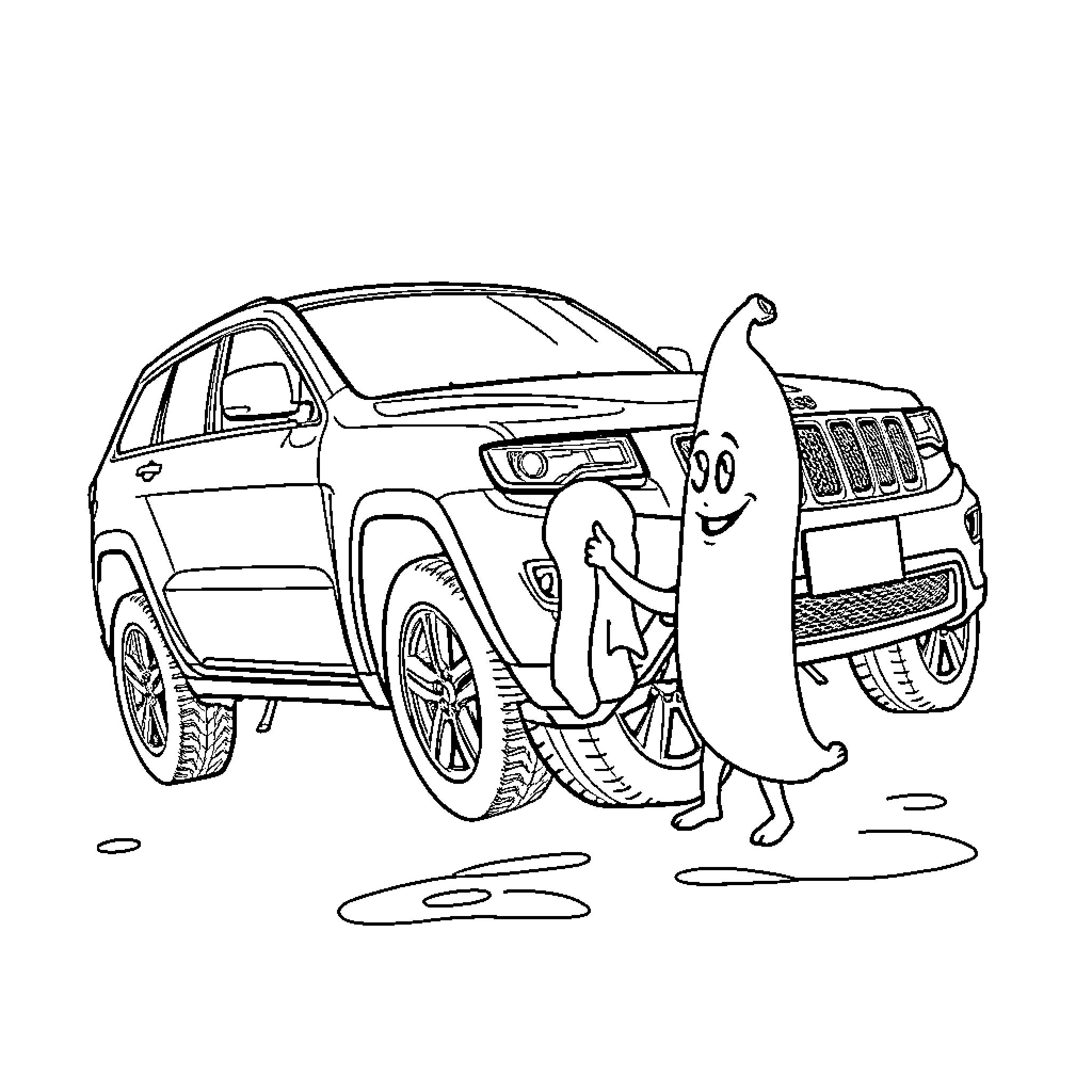 Peely helping to wash a playful cartoon SUV Coloring Page (free black-and-white line drawing printable PDF for all, from beginners to advanced learners, including children, teens, adults, and seniors)