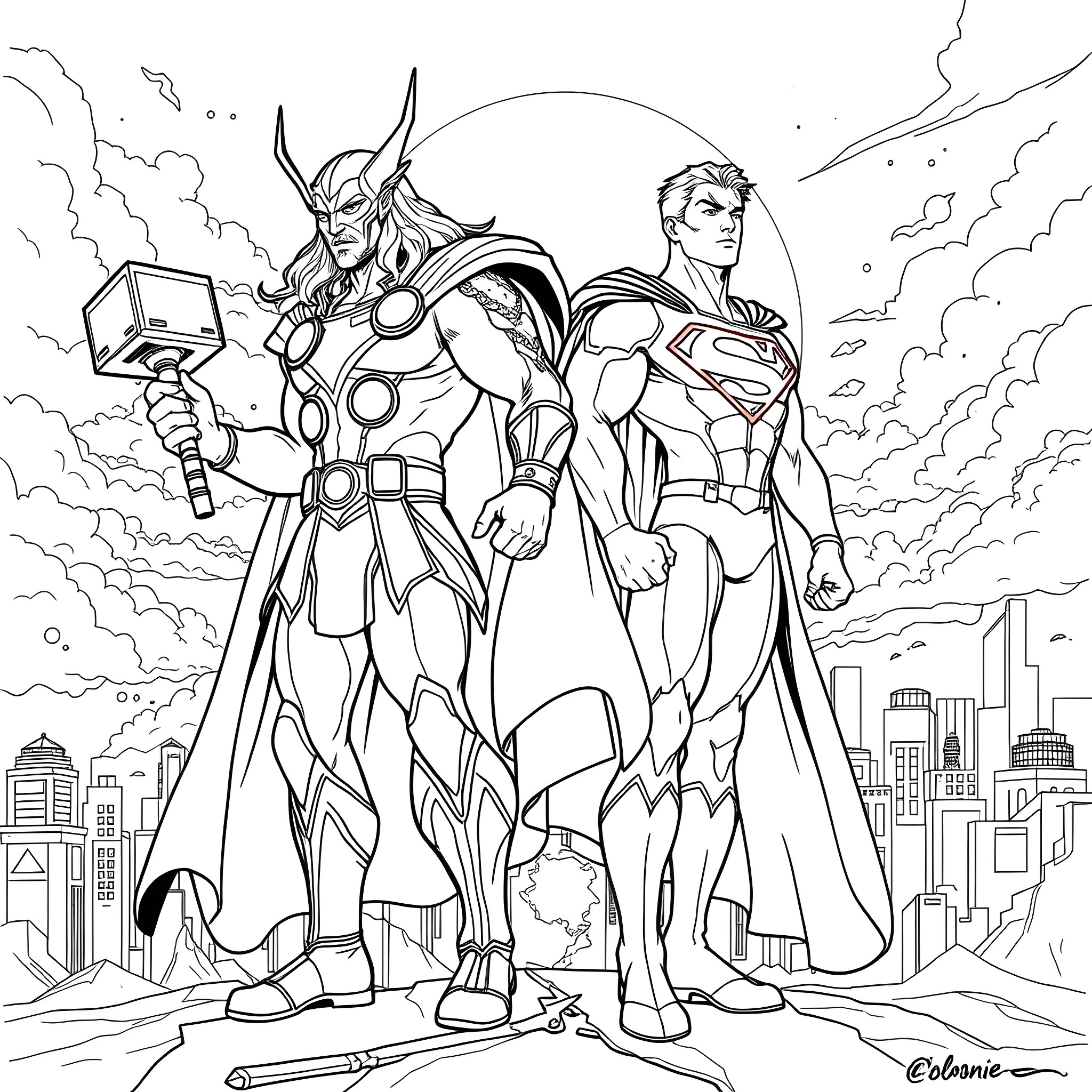 Thor-El: Heroic Duo in Action Coloring Page (free black-and-white line drawing printable PDF for all, from beginners to advanced learners, including children, teens, adults, and seniors)